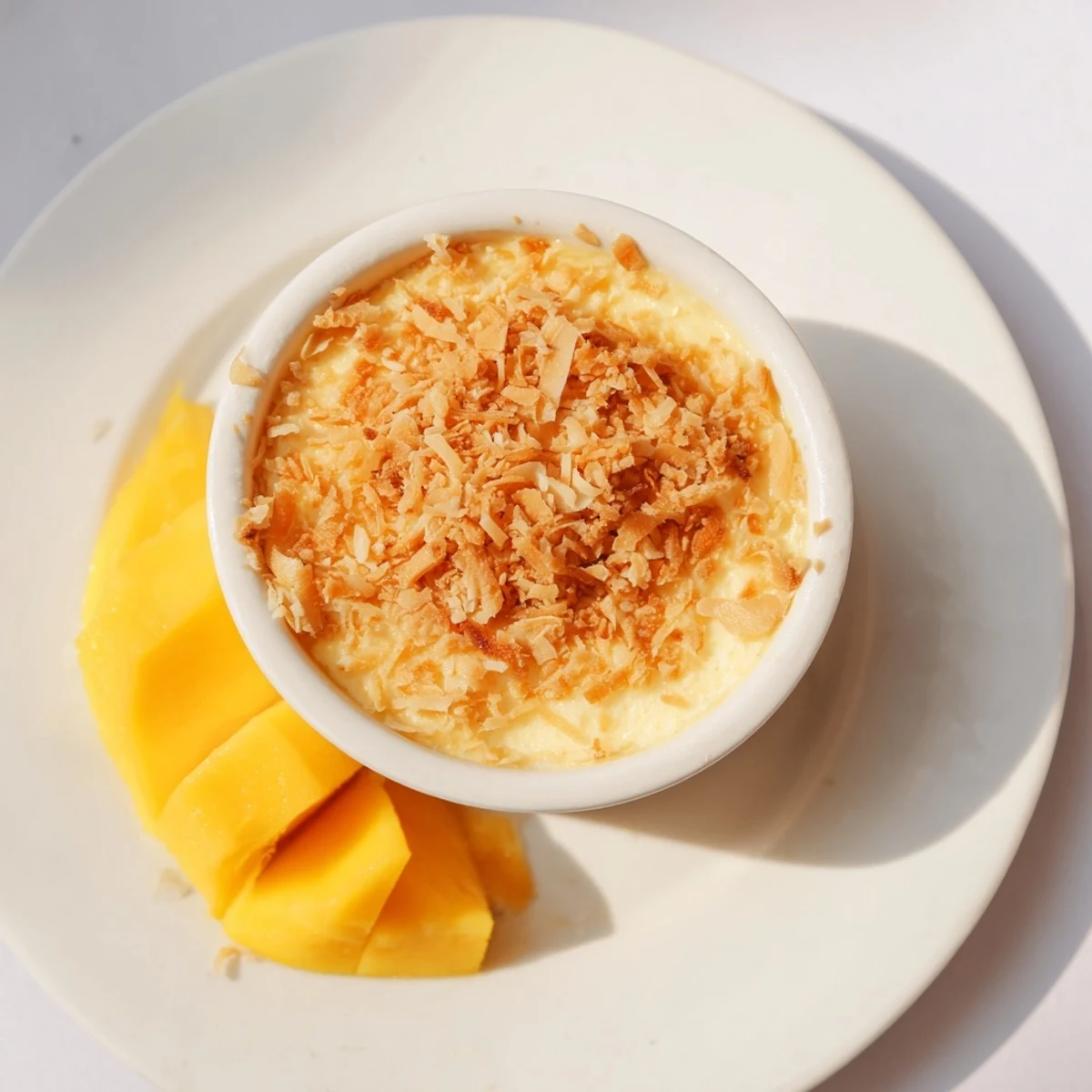 Silky Thai coconut custard steamed in white ramekins topped with golden toasted coconut flakes