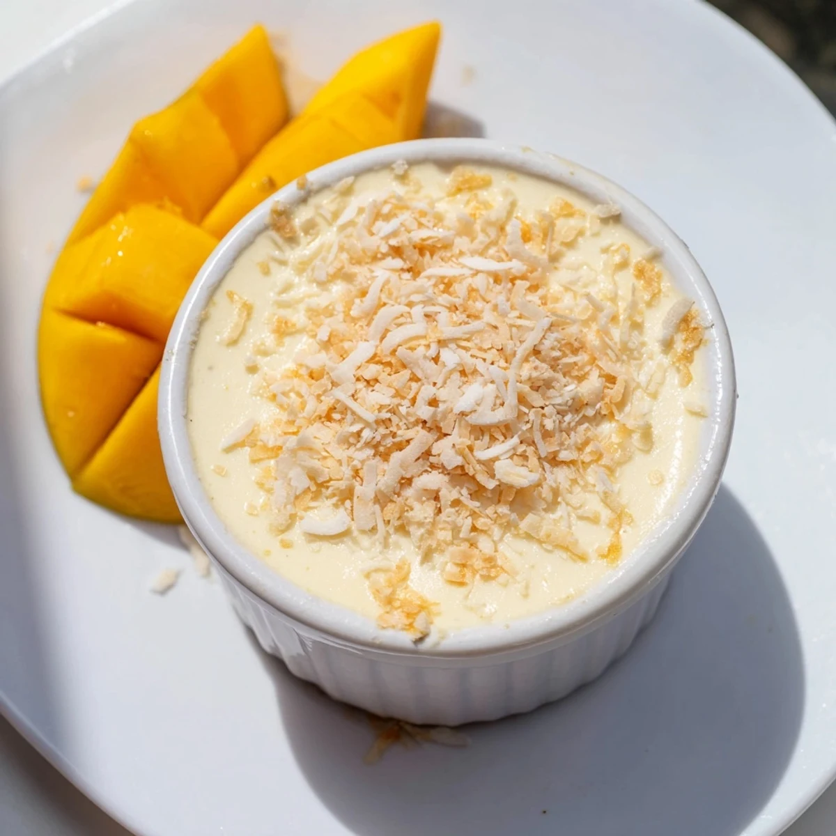 Creamy Thai coconut custard dessert with fresh mango slices and delicate pandan fragrance
