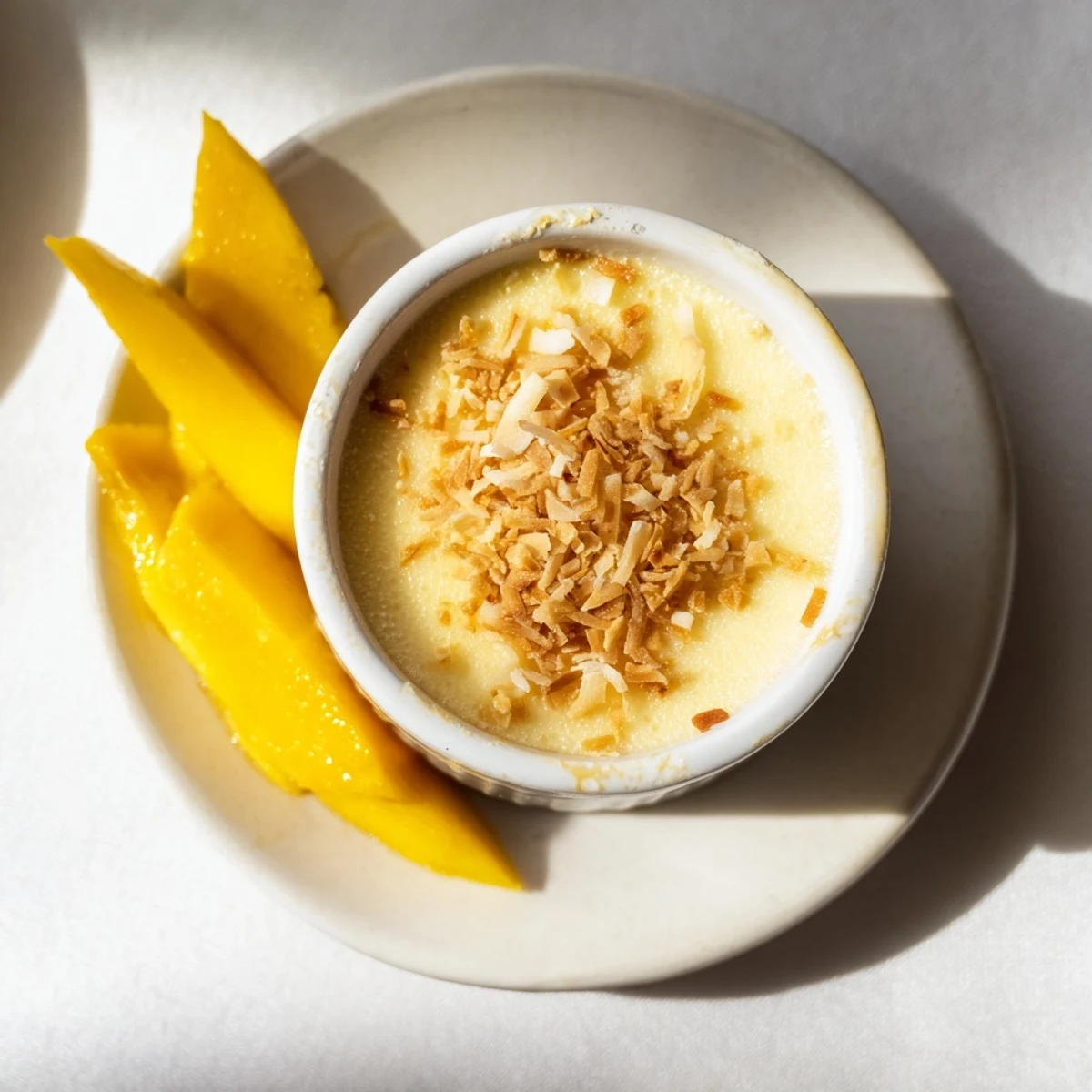 Golden Thai coconut custard set in small cups with shredded coconut garnish on white plate