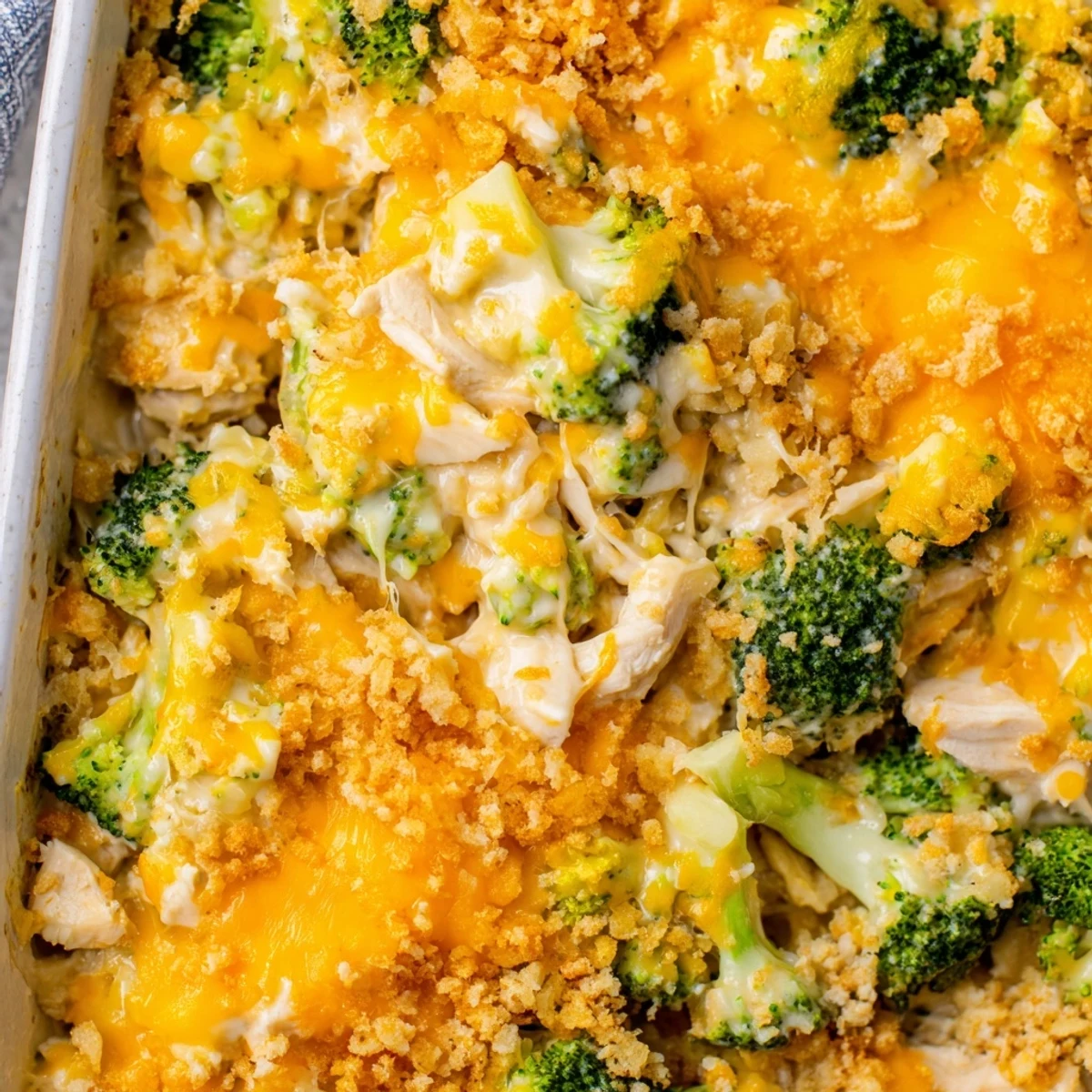 Golden brown chicken broccoli casserole with melted cheddar and crispy buttered breadcrumb topping bubbling in a baking dish