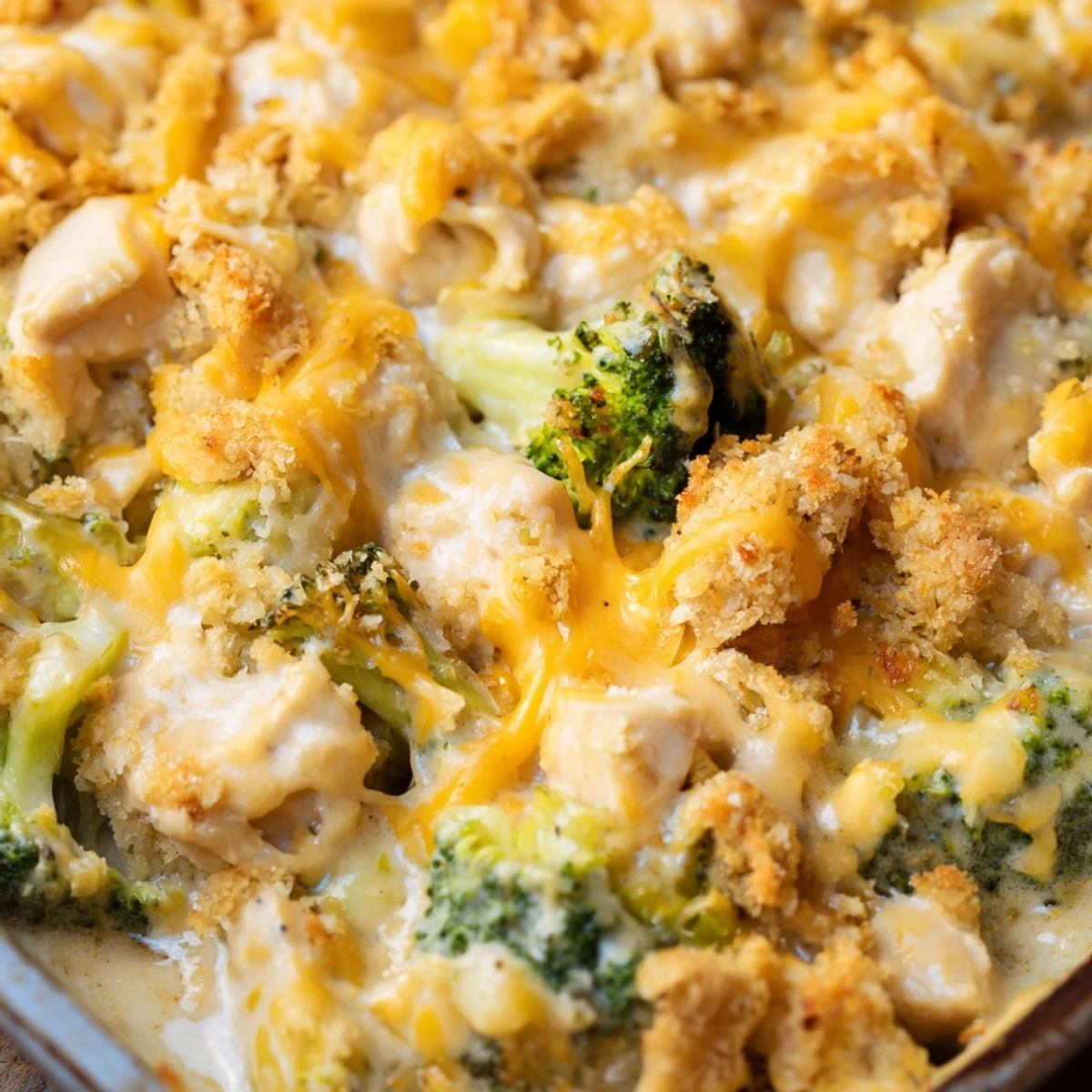 Creamy chicken broccoli casserole featuring tender shredded chicken and bright green florets smothered in cheesy sauce