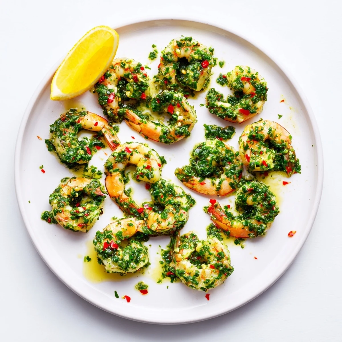 Golden pan seared chimichurri shrimp drizzled with vibrant green herb sauce on a white plate