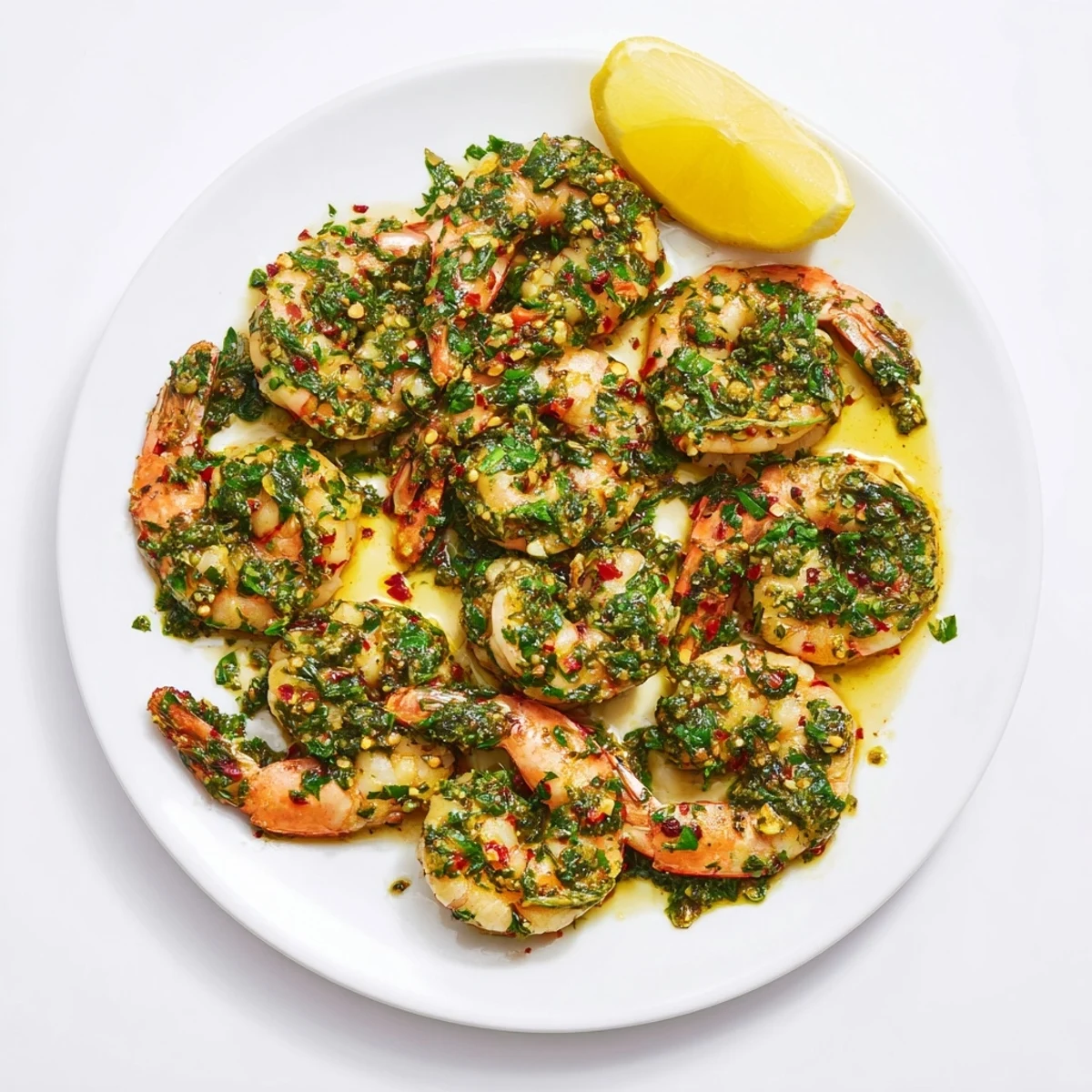 Succulent shrimp cooked in hot skillet finished with fresh chimichurri and red pepper flakes