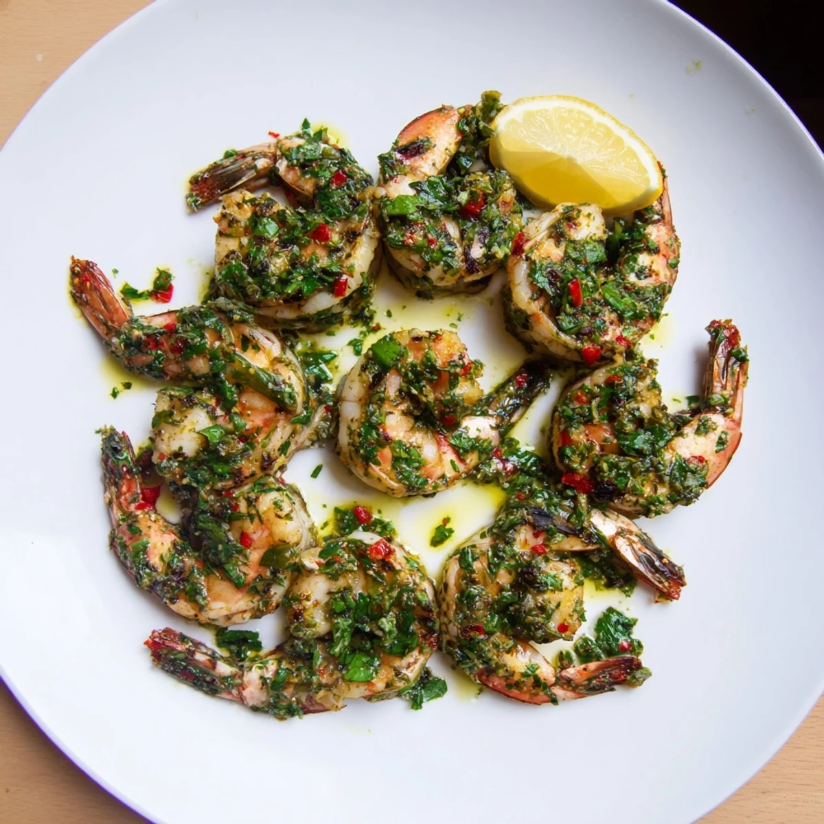Close up of juicy pan seared chimichurri shrimp garnished with parsley and served family style