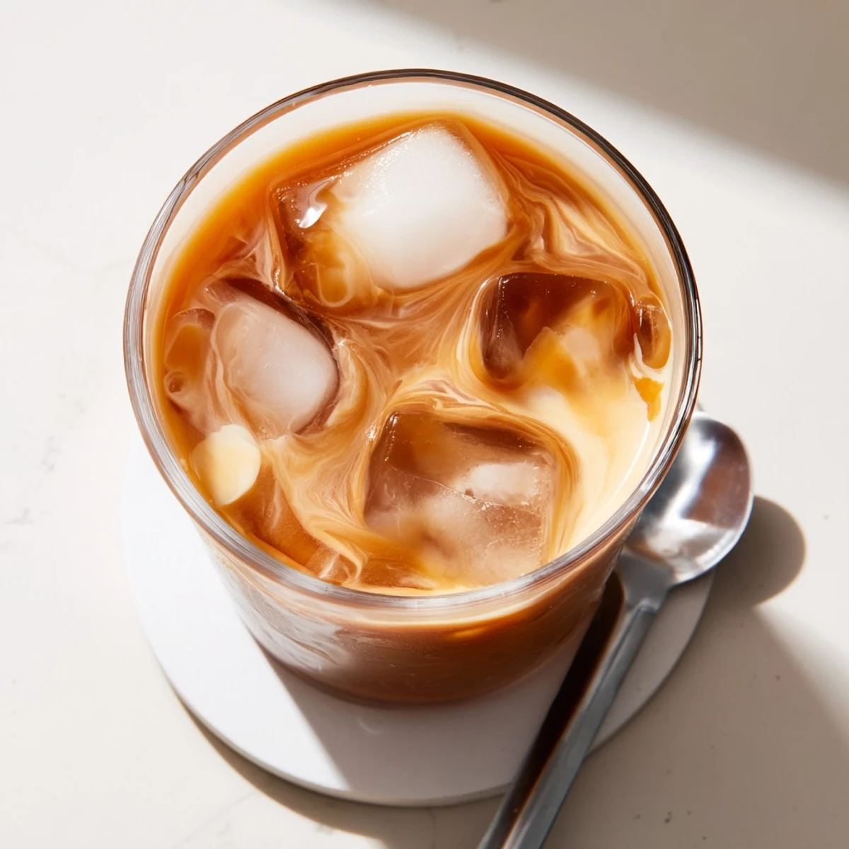 Garnished glass of chilled Okinawa milk tea with rich brown sugar swirls over ice cubes