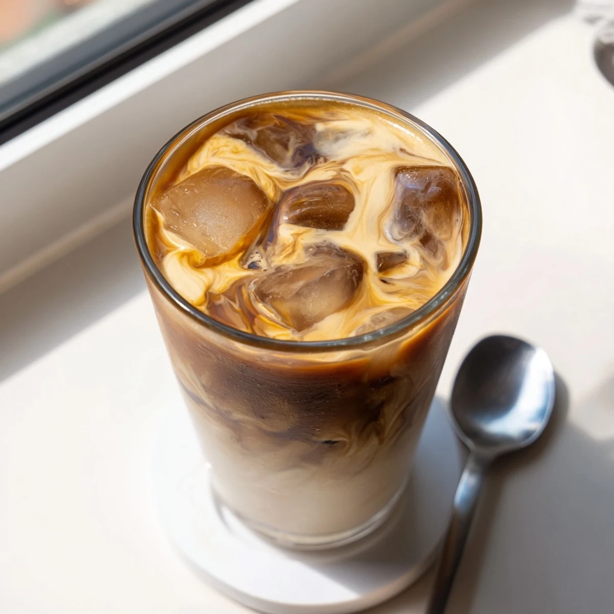 Creamy Okinawa milk tea poured over clear ice in a tall glass showcasing deep caramel color