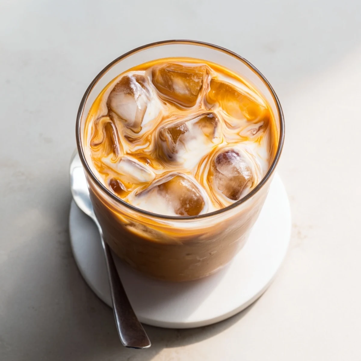 Frosty glass of sweet Okinawa milk tea with golden brown sugar syrup drizzled on top