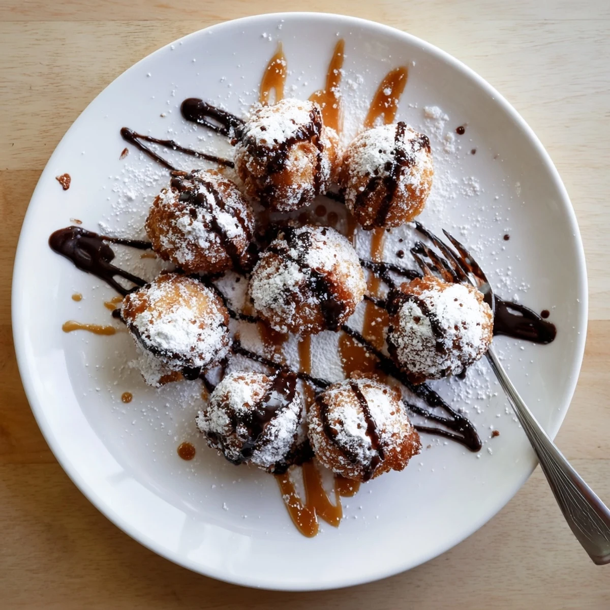 Golden brown deep fried marshmallows with crispy batter and soft melted center dusted in powdered sugar