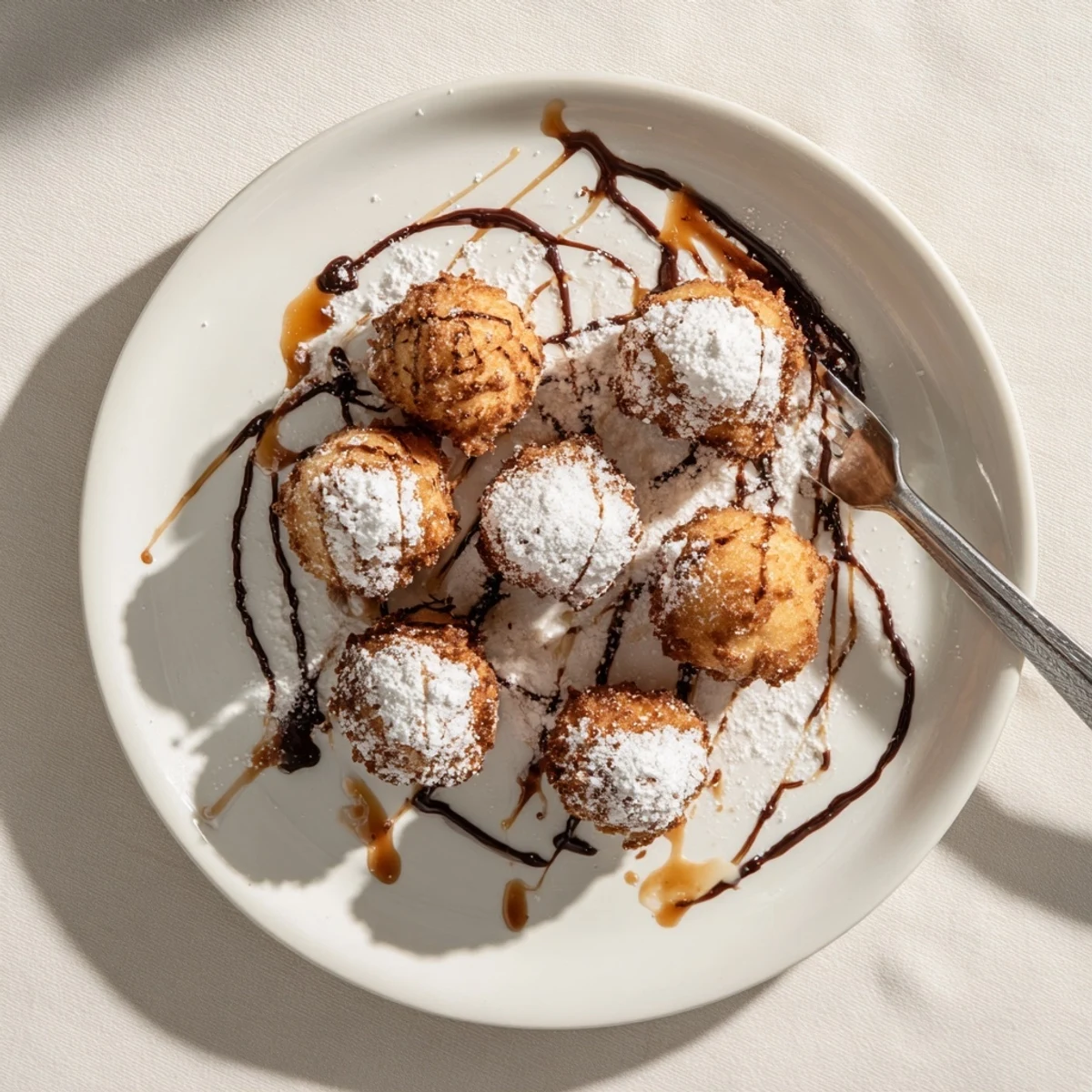 Plate of warm deep fried marshmallows drizzled with chocolate sauce and topped with fresh berries