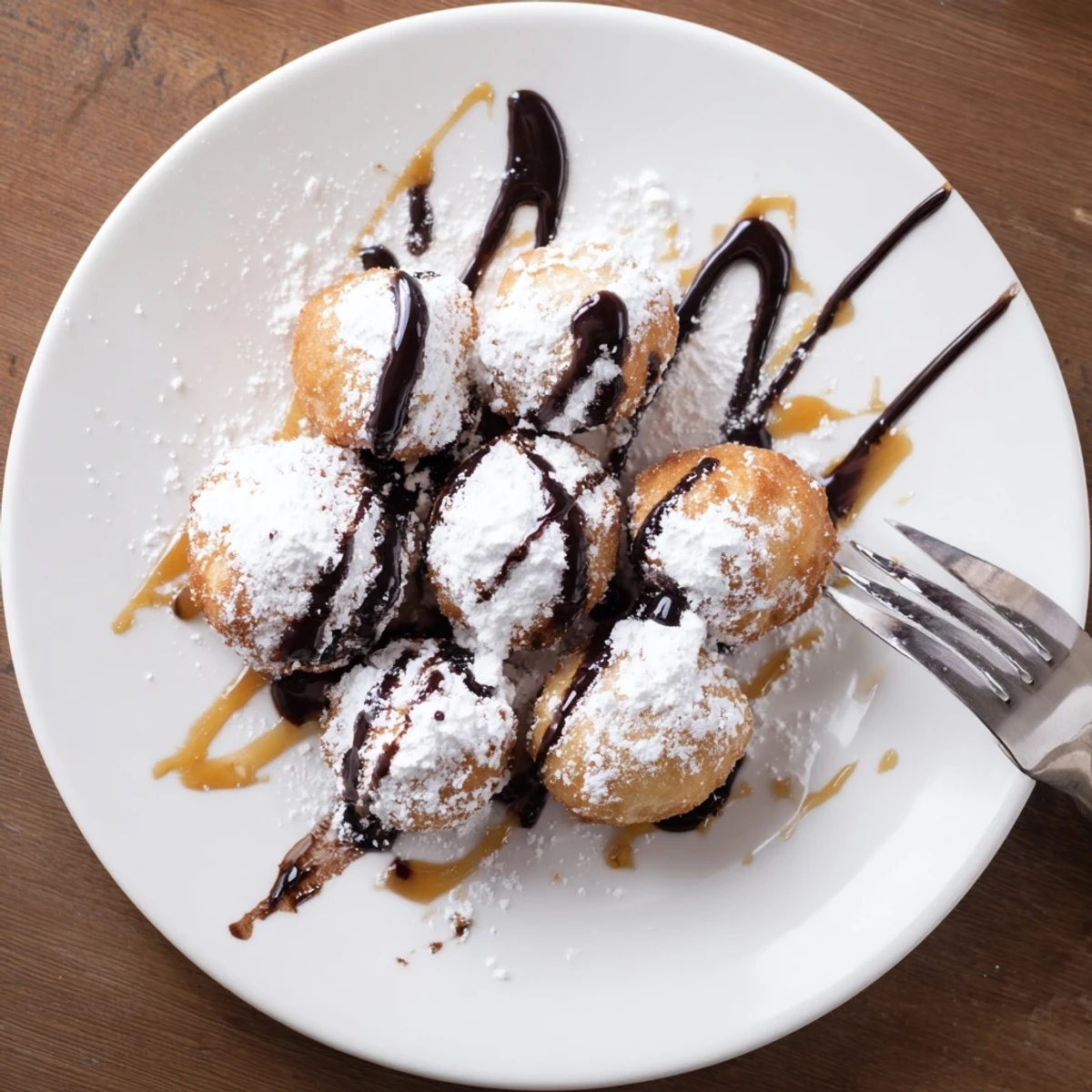 Crispy golden deep fried marshmallows on white plate featuring gooey sweet interior and caramel drizzle