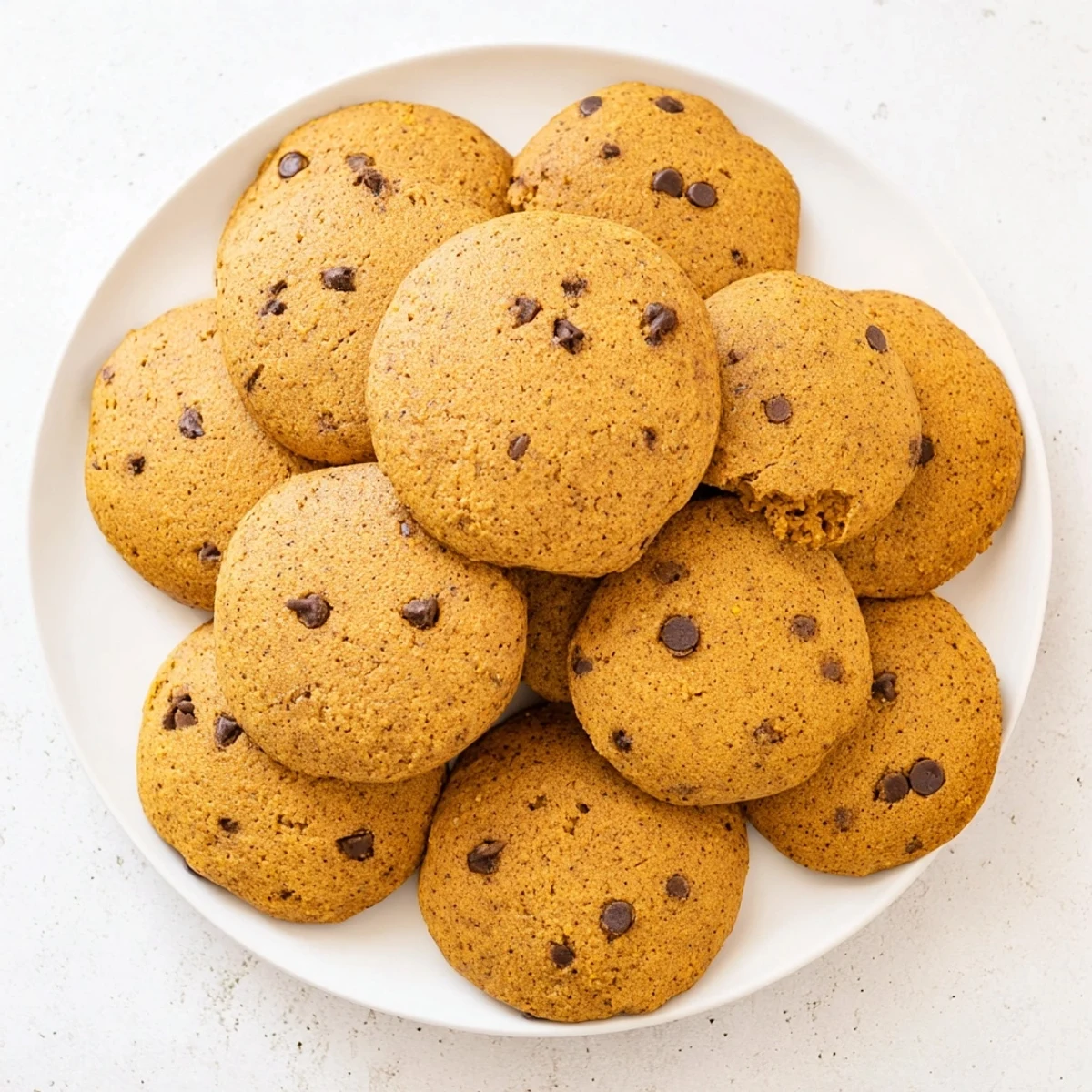 Soft pumpkin cookies stacked on a wooden board with visible cinnamon speckles
