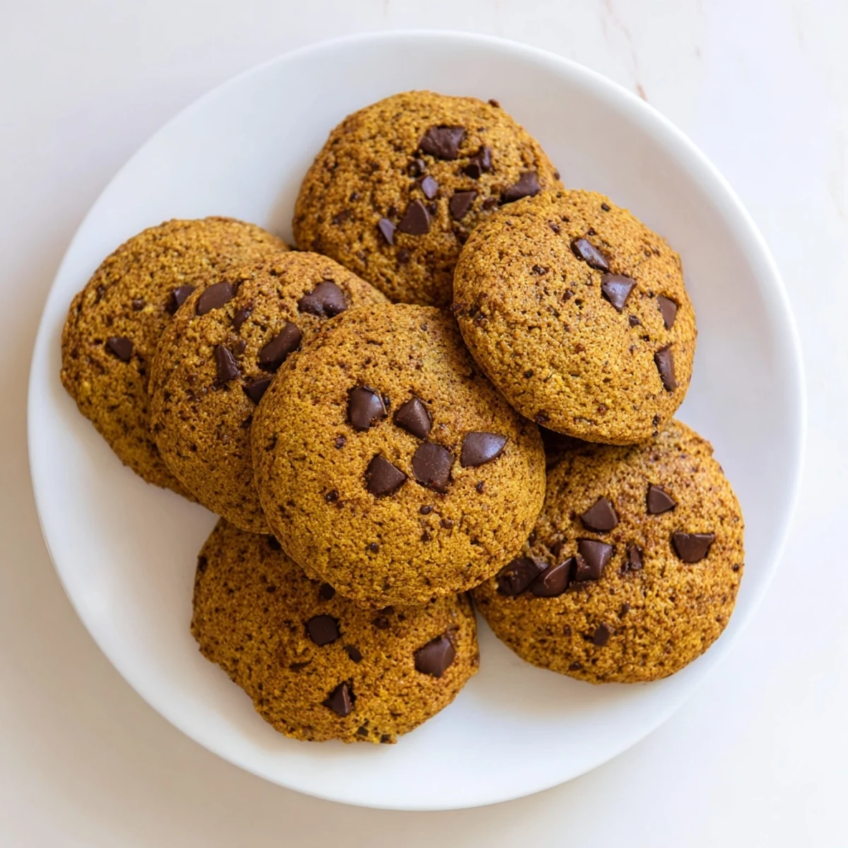 Baked soft pumpkin cookies topped with melted chocolate chips on parchment paper