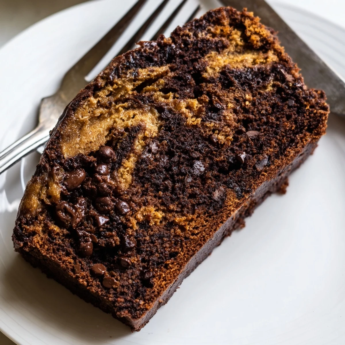 Thick slice of chocolate peanut butter banana bread showing melted chocolate chips and swirled peanut butter topping
