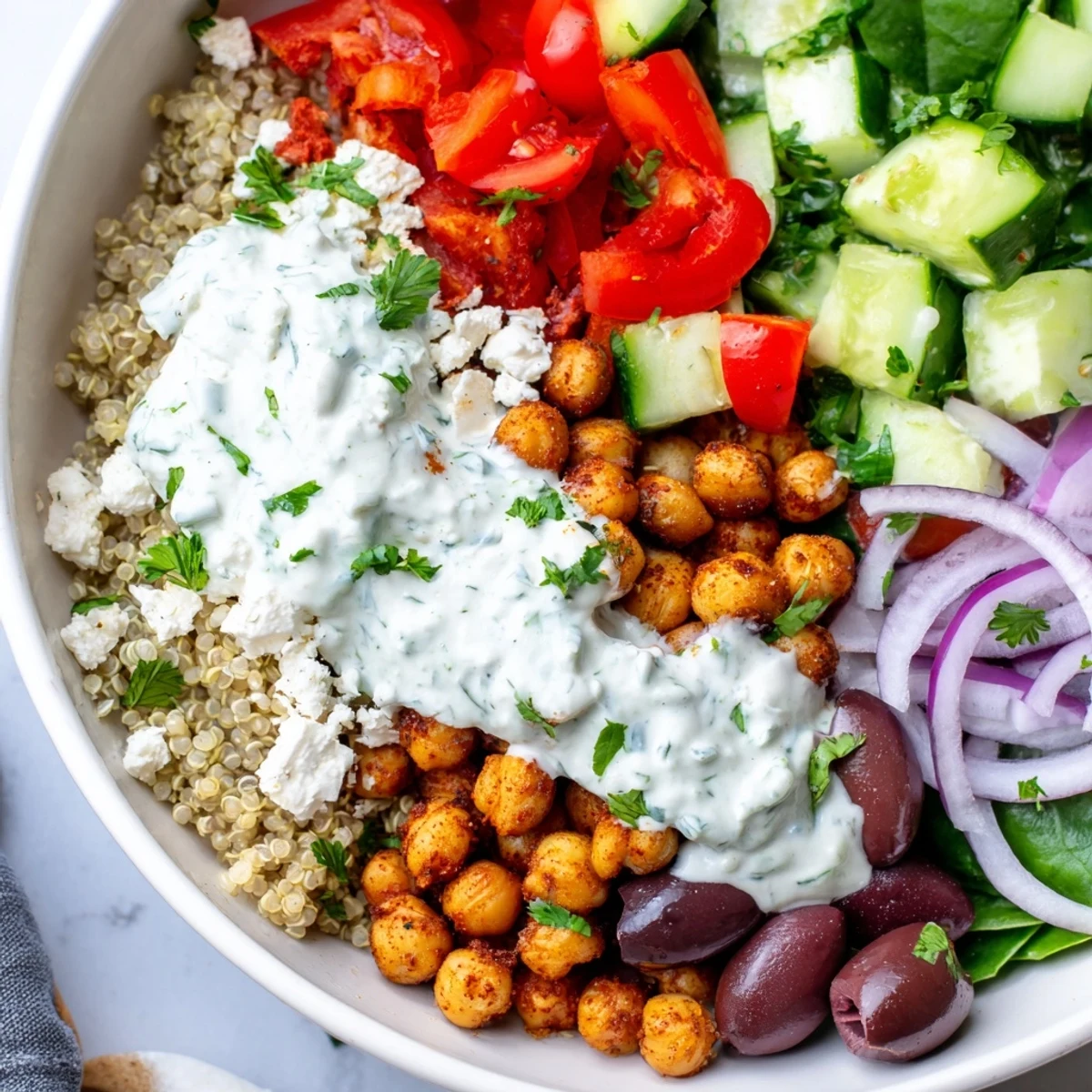 Colorful Greek Power Bowl layered with fluffy quinoa, crisp vegetables, feta cheese, and creamy tzatziki sauce.