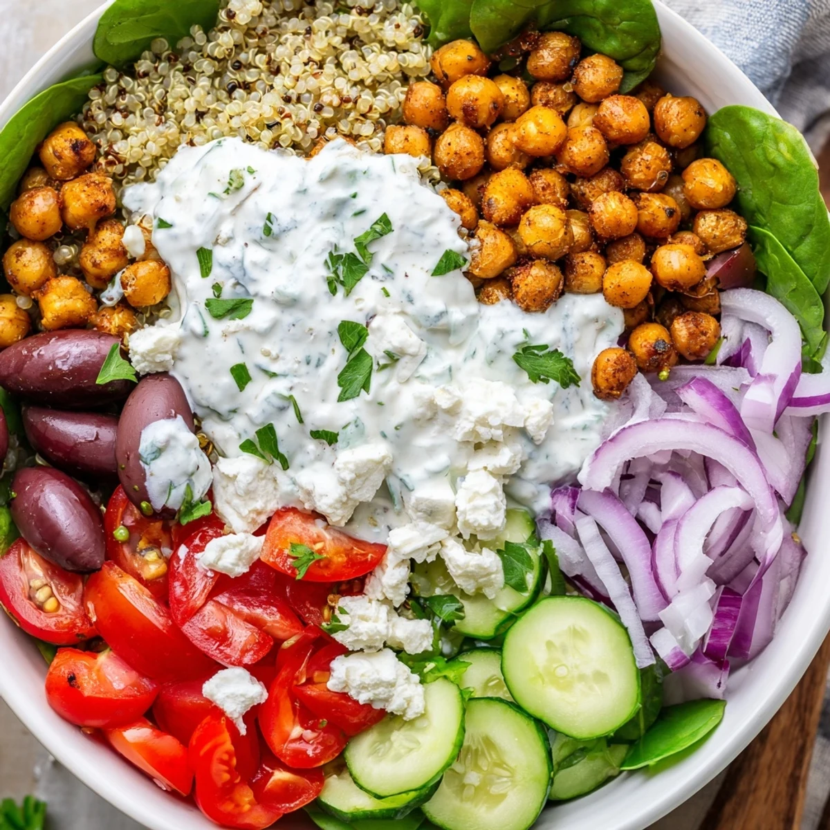 Healthy Greek Power Bowl featuring roasted chickpeas, fresh cucumber, tomatoes, olives, and tangy homemade tzatziki.