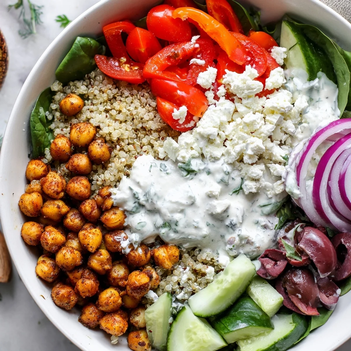 Vibrant vegetarian Greek Power Bowl drizzled with yogurt sauce and garnished with parsley and lemon.