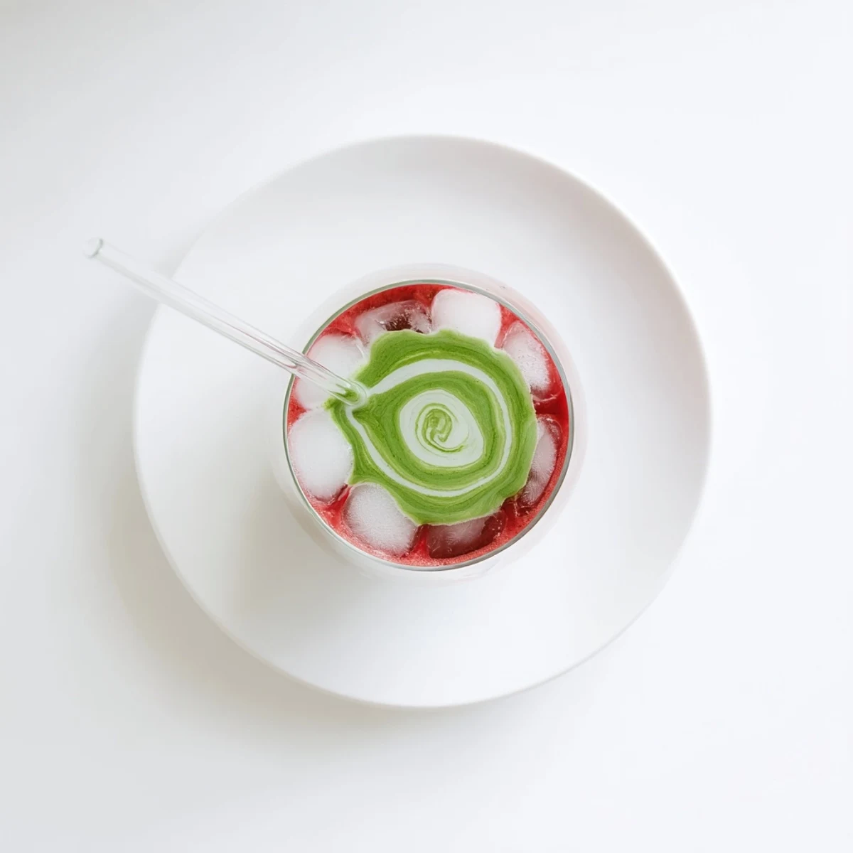 Vibrant layered strawberry matcha latte showcasing pink strawberry puree beneath earthy green tea topped with creamy white milk