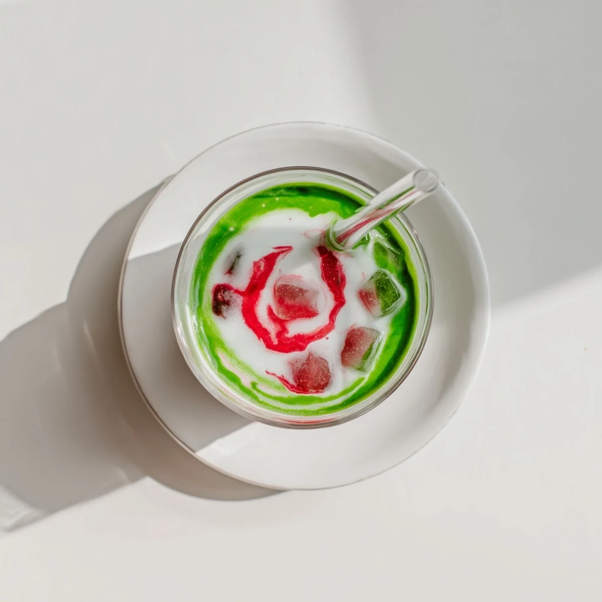 Glass of homemade strawberry matcha latte with distinct colorful layers and ice cubes floating on top