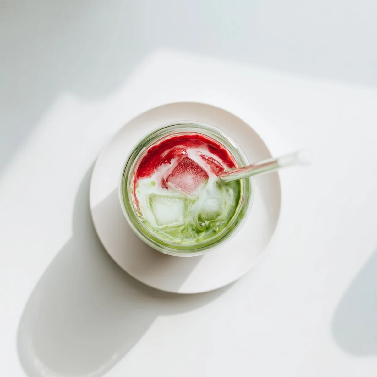 Refreshing strawberry matcha latte served in clear glass displaying beautiful gradient of red cream and green matcha layers