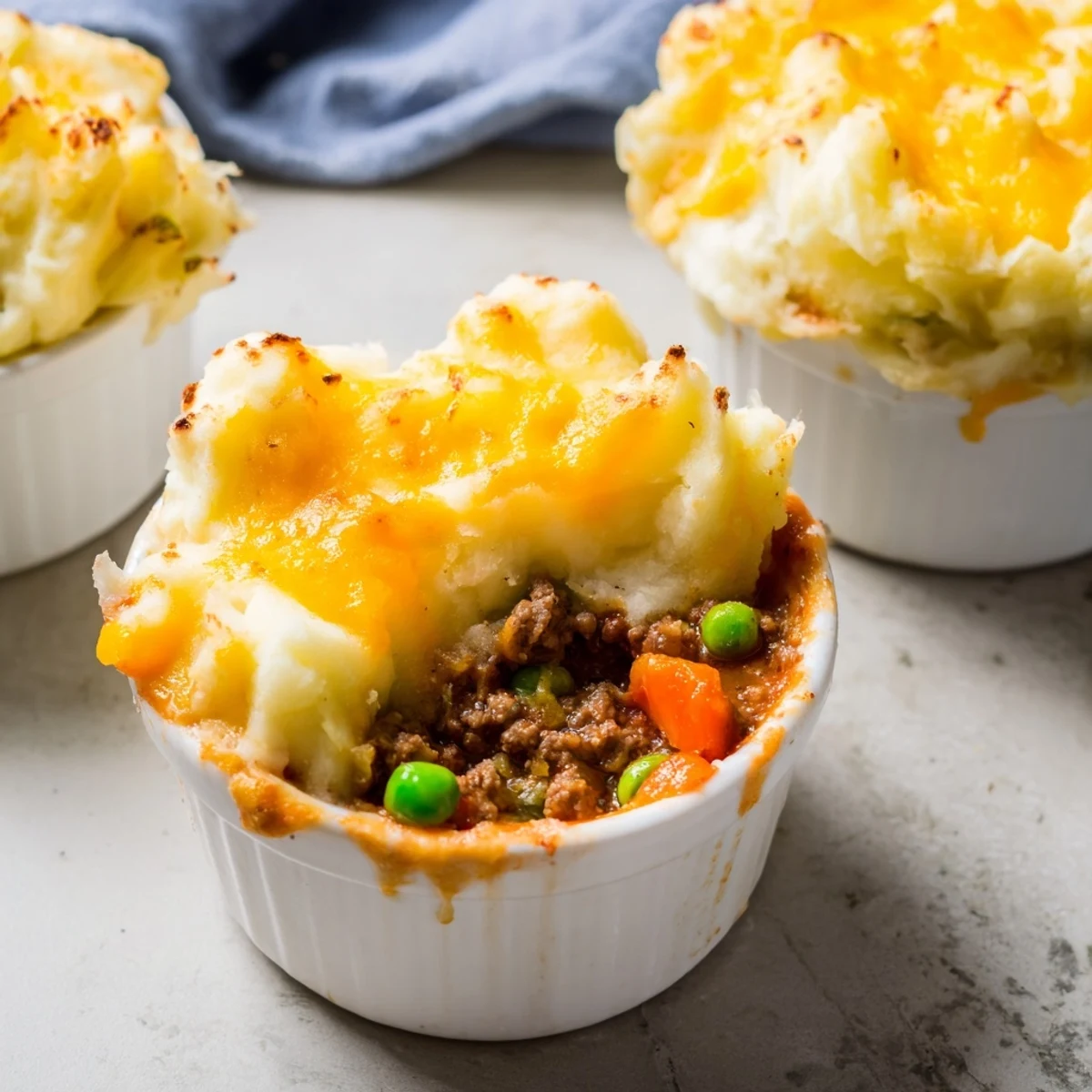 Baked mini shepherds pie featuring creamy mashed potato topping over seasoned meat and peas