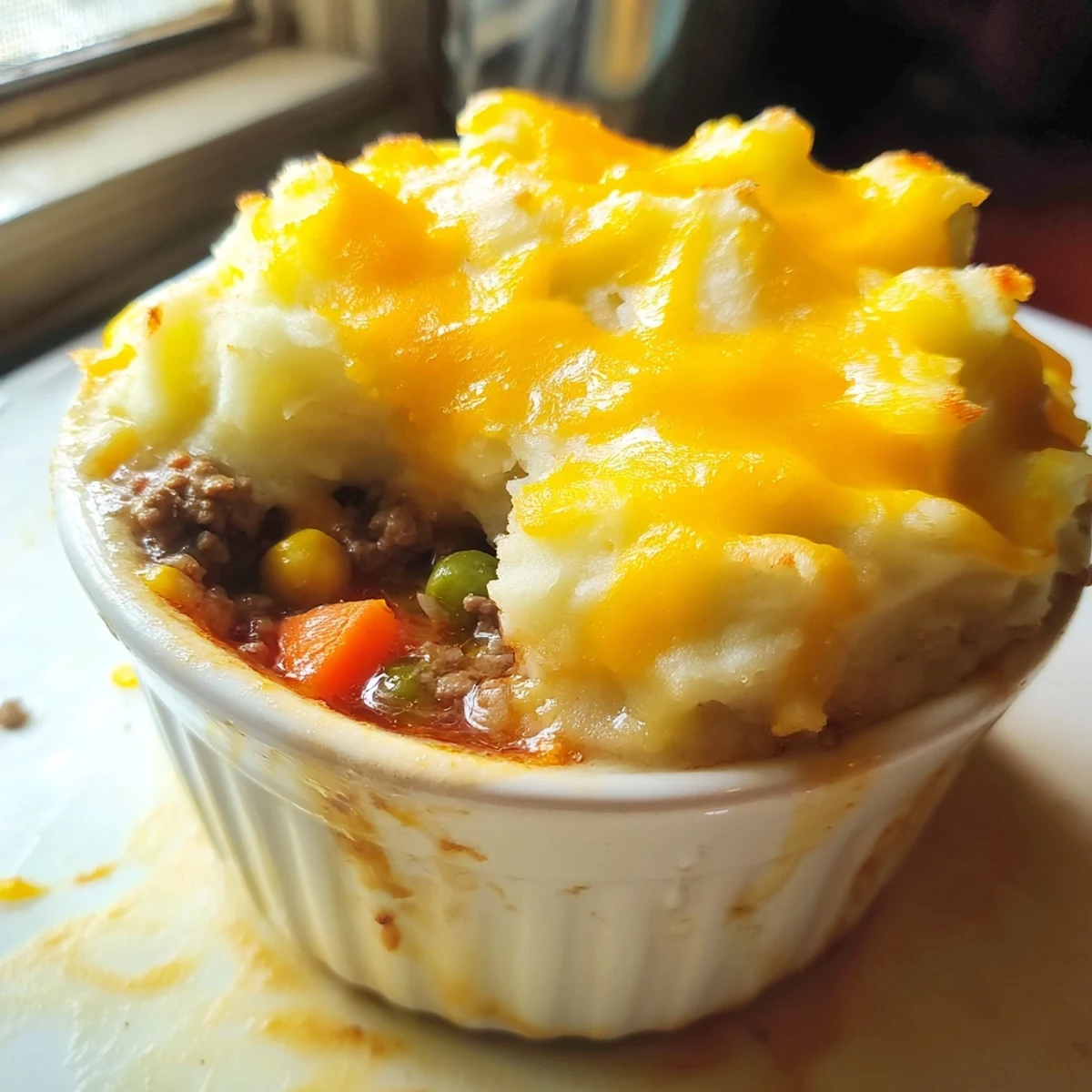 Individual mini shepherds pies bubbling beneath golden potato crusts, ready for serving