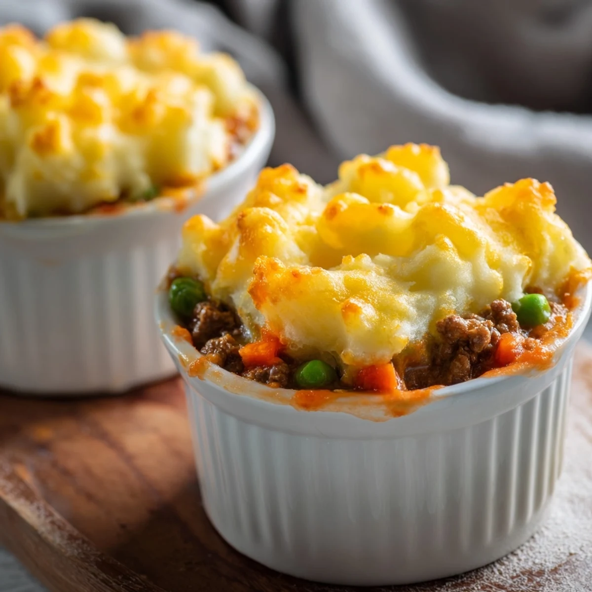 Golden-topped mini shepherds pie with fluffy mashed potatoes over savory beef and vegetable filling
