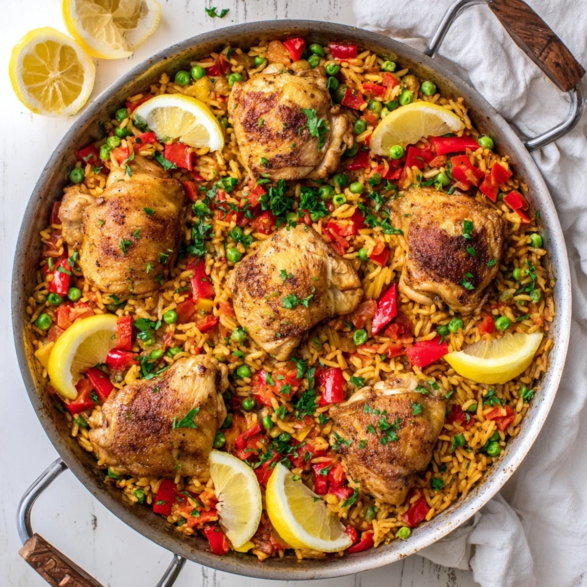 Golden brown chicken thighs rest atop vibrant yellow rice studded with colorful bell peppers in this Spanish chicken and rice bake.
