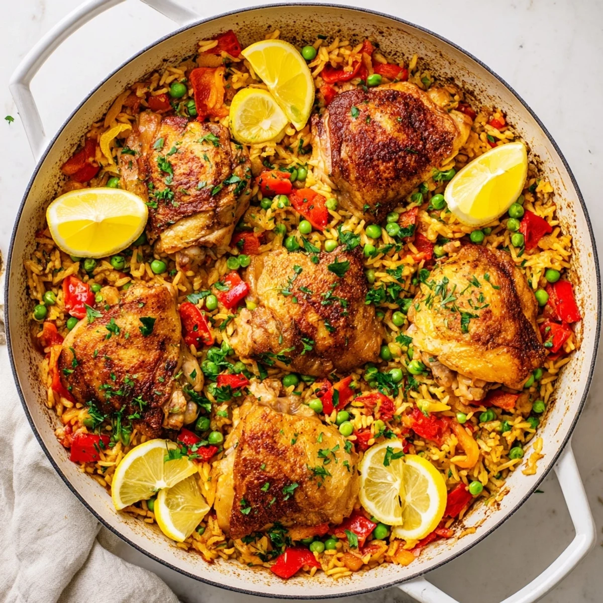 Juicy seasoned chicken bakes with saffron-infused rice and tender vegetables in this easy one pan Spanish chicken and rice casserole.