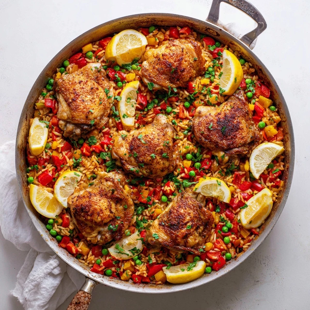 Sizzling one pan Spanish chicken and rice bake garnished with fresh parsley and lemon wedges for a comforting family dinner.