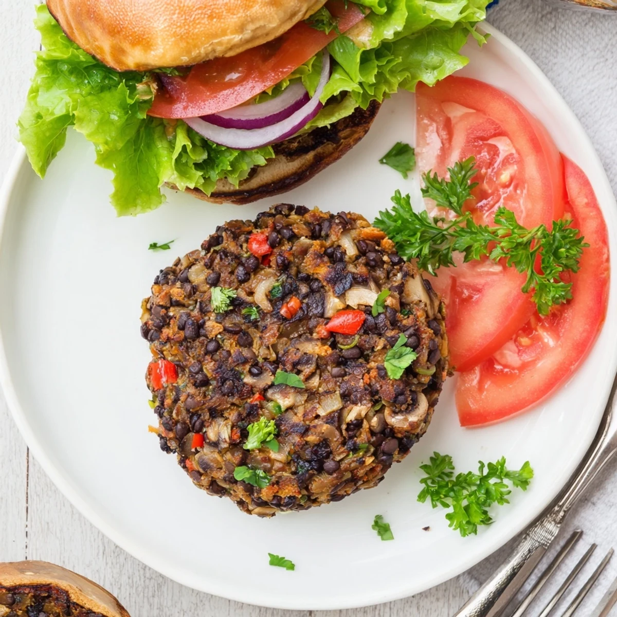 Hearty vegetarian burger patty made with savory mushrooms, black beans, and spices, perfectly grilled