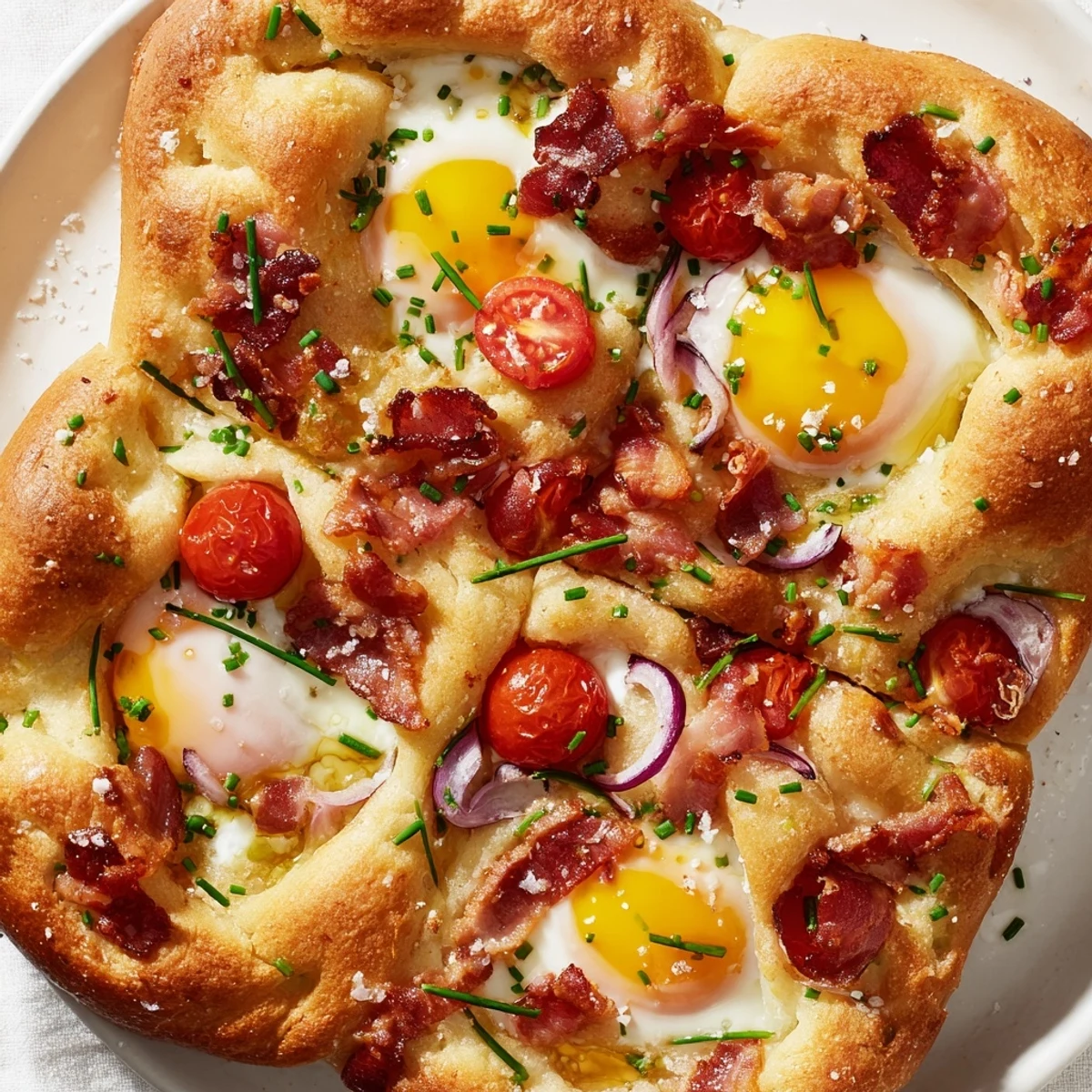 Fluffy Italian breakfast focaccia with sunny-side-up eggs, cherry tomatoes, and bacon ready for brunch