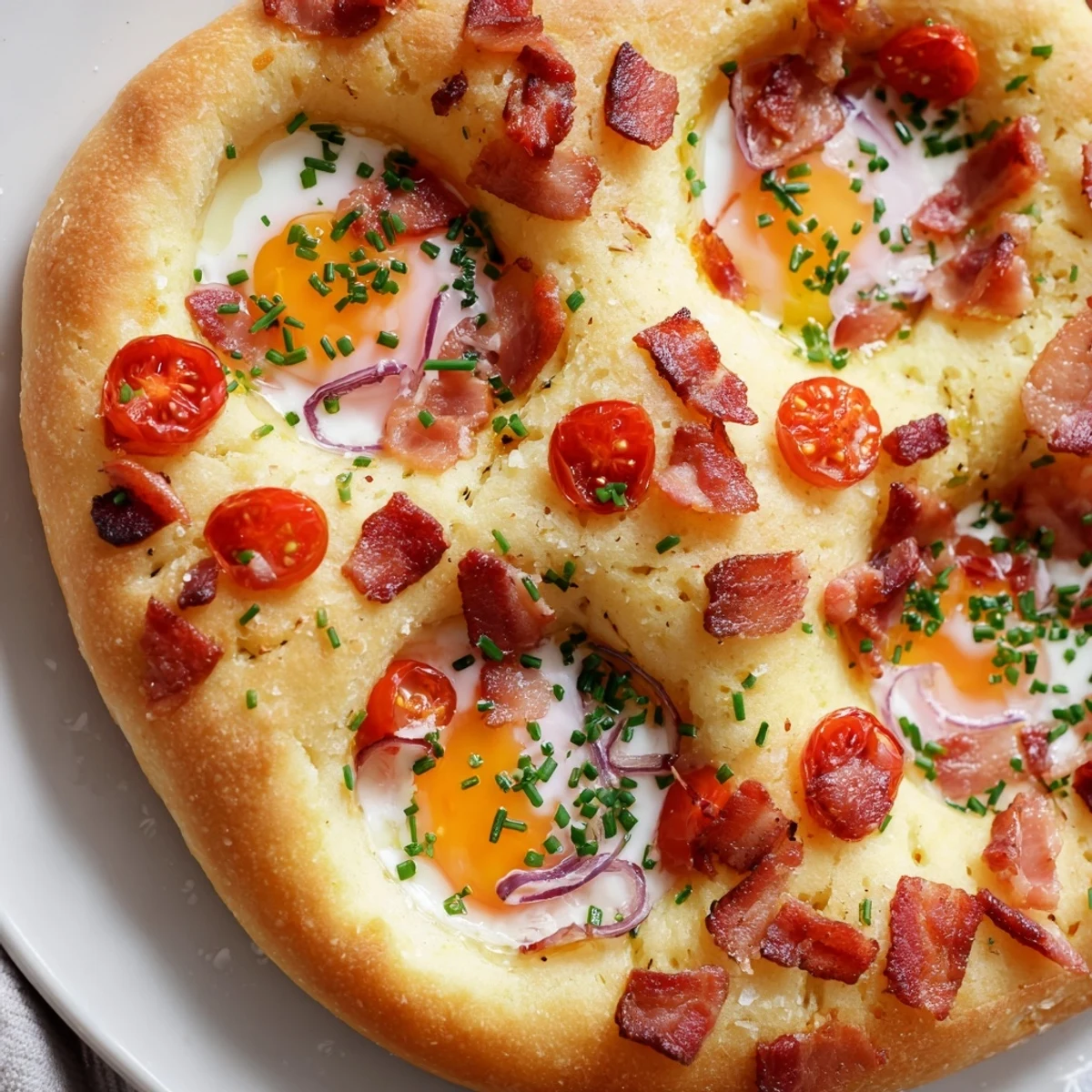 Savory breakfast focaccia dimpled with olive oil and scattered with bacon, red onion, and baked eggs