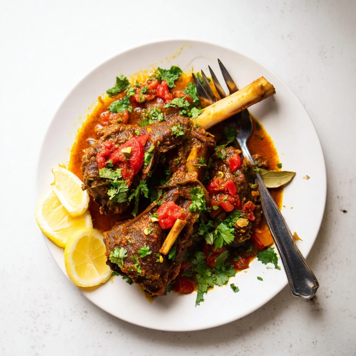 Tender slow cooked Indian lamb shanks in rich aromatic curry sauce garnished with fresh cilantro