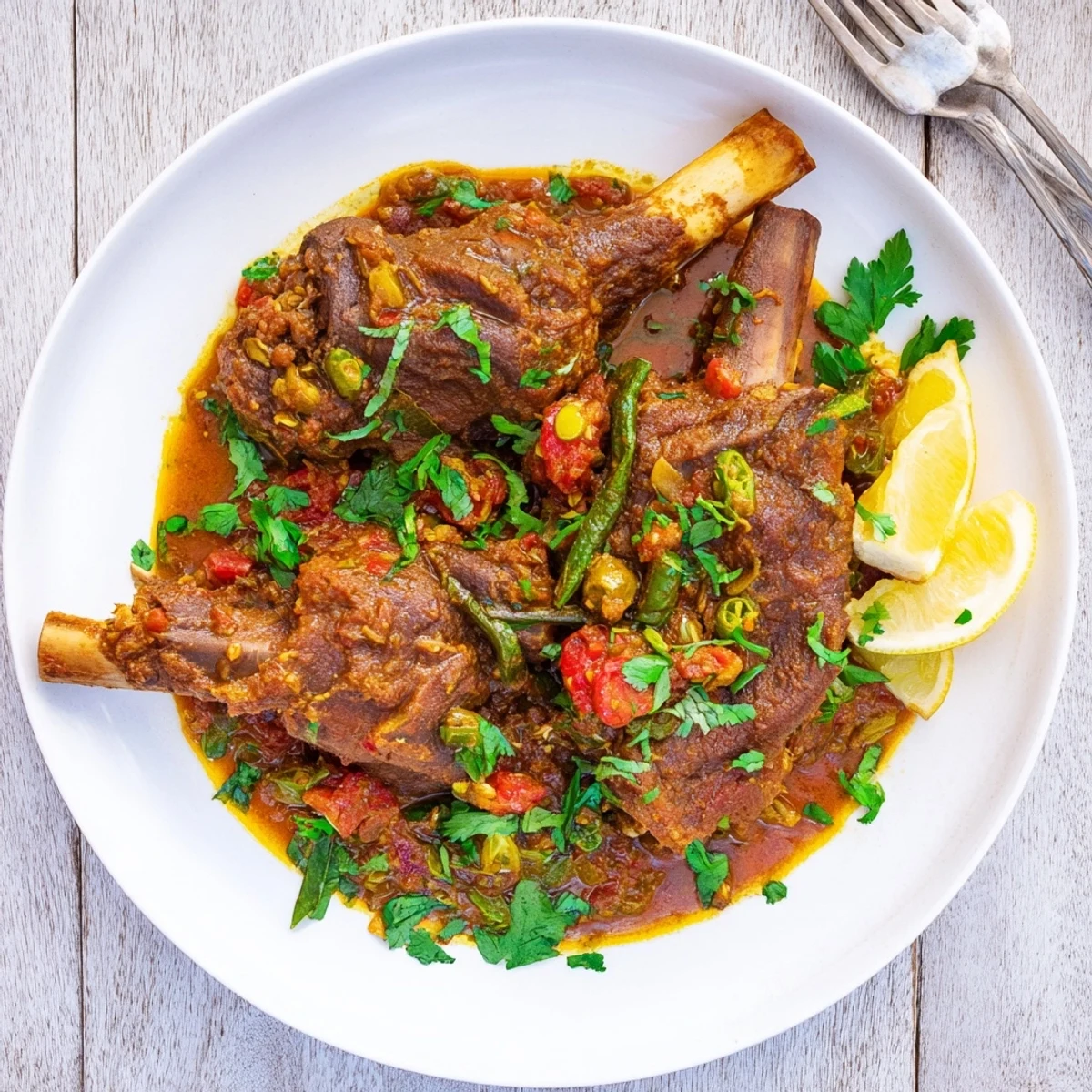 Succulent slow cooked Indian lamb shanks served with basmati rice and lemon wedges