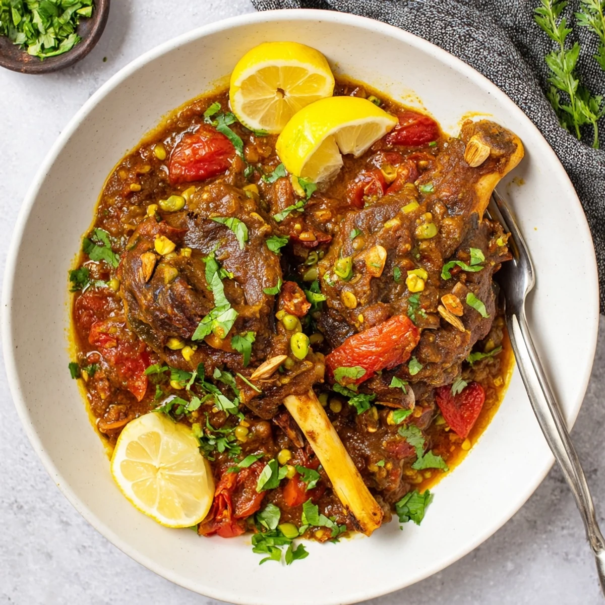 Fall-off-the-bone Indian lamb shanks braised for hours in fragrant spice-infused tomato gravy