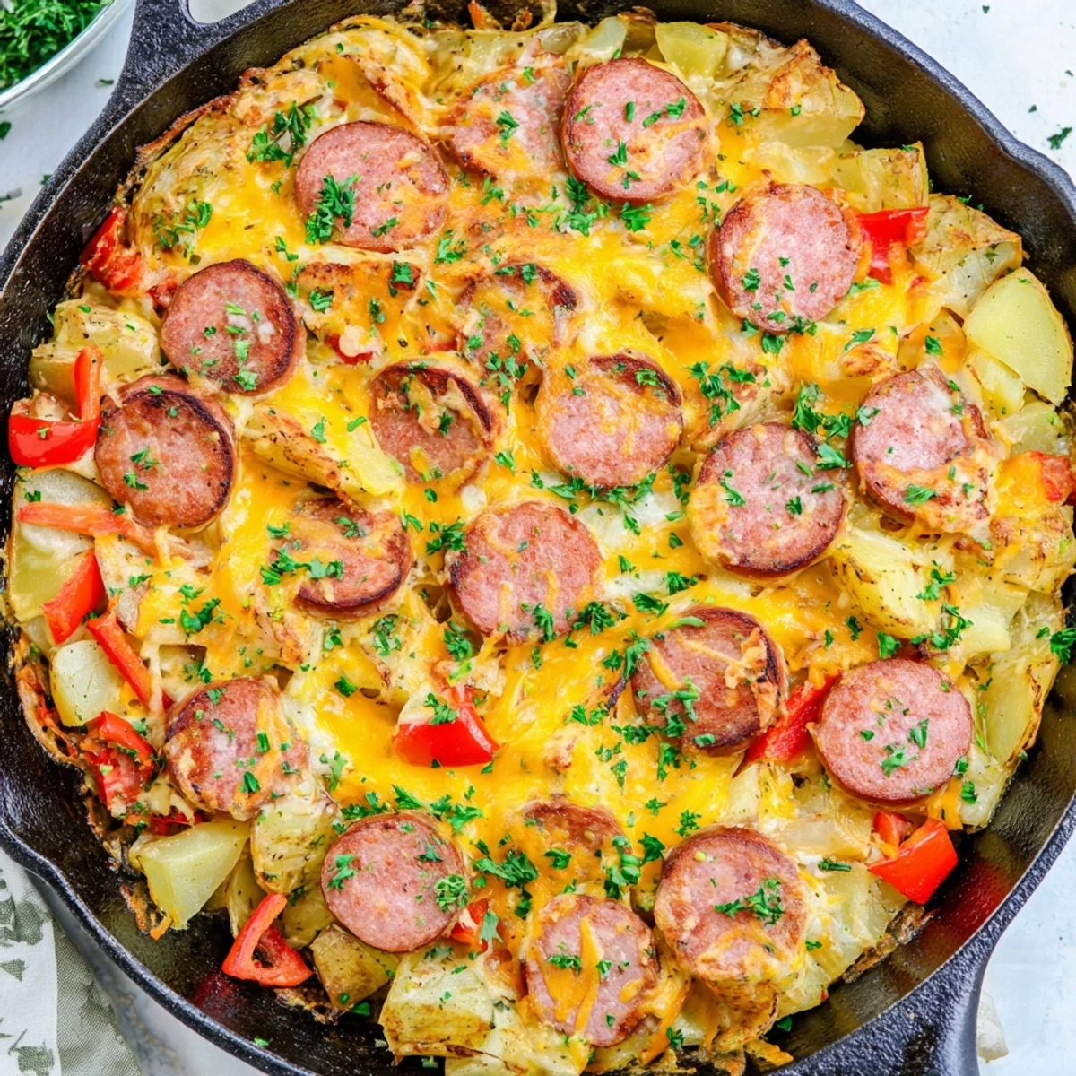Golden cheesy sausage and potato skillet bake bubbling with melted cheddar and savory sliced smoked sausage in a cast iron pan