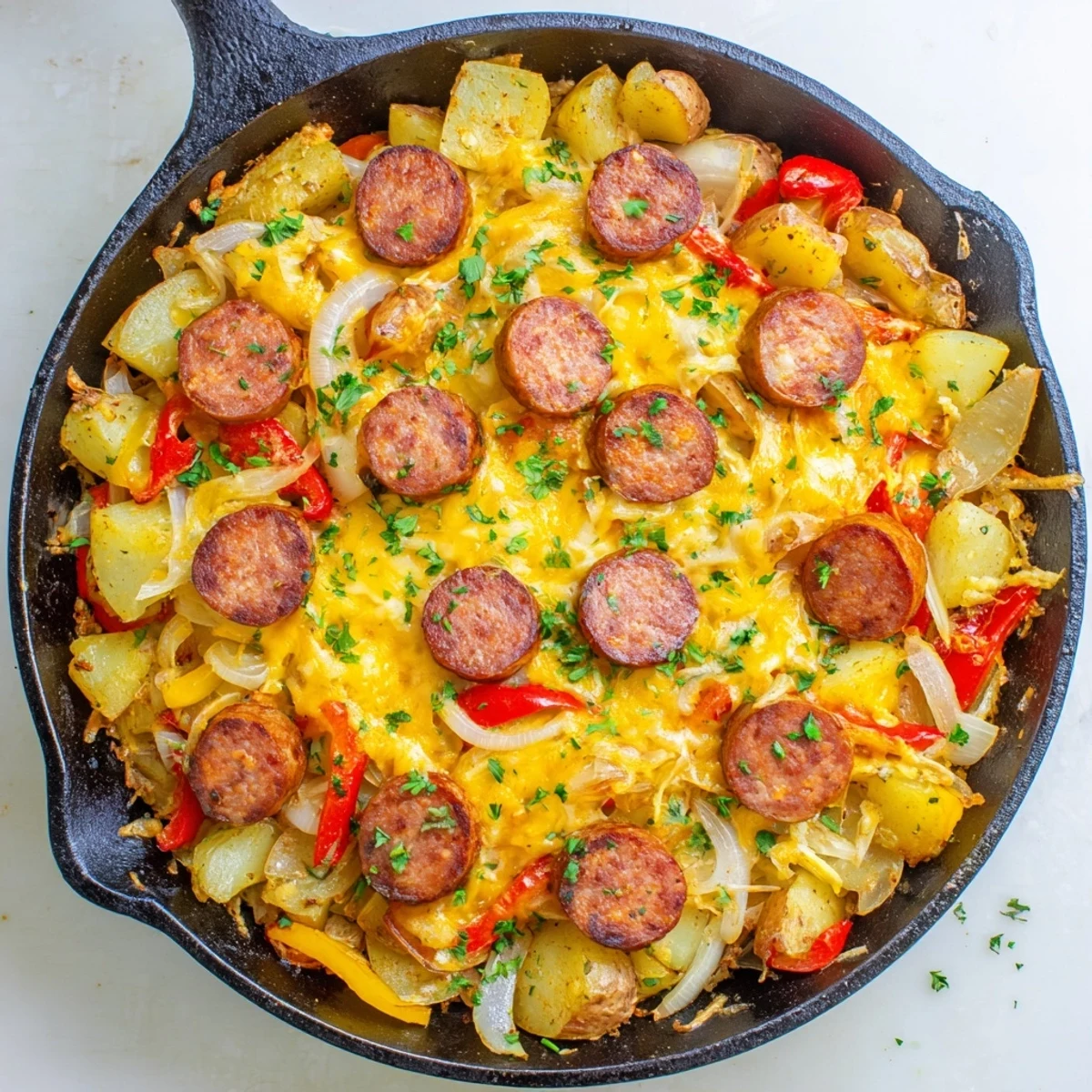 Comforting one-pan cheesy sausage and potato skillet bake featuring tender Yukon Gold potatoes topped with golden brown melted cheddar cheese