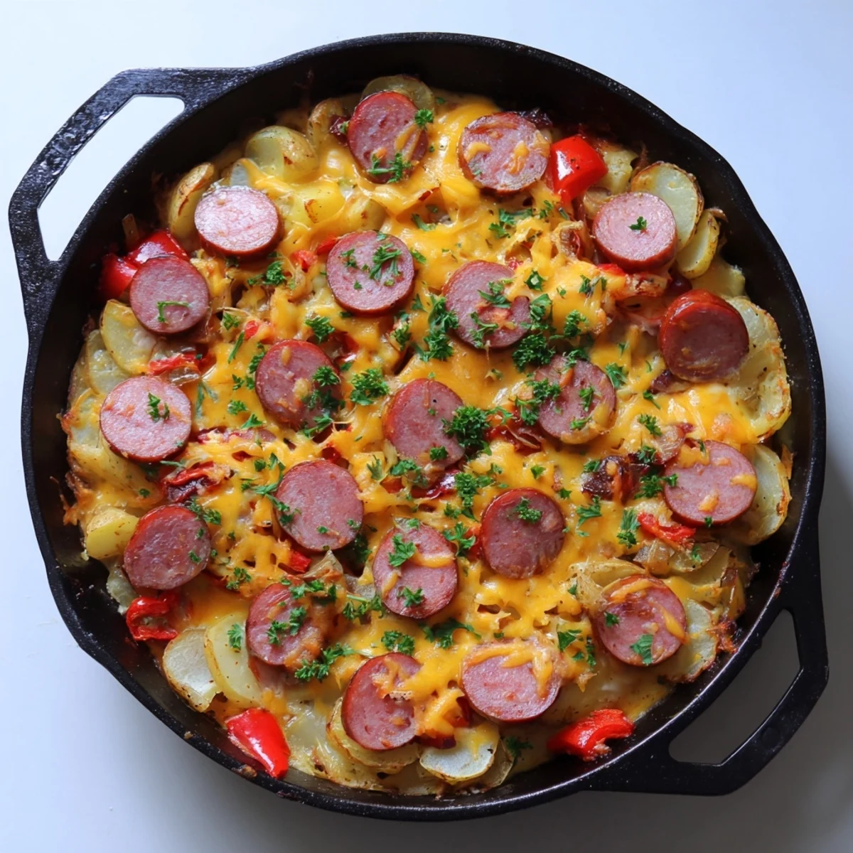 Warm cheesy sausage and potato skillet bake fresh from the oven with garnish of fresh parsley over crispy cheese topping
