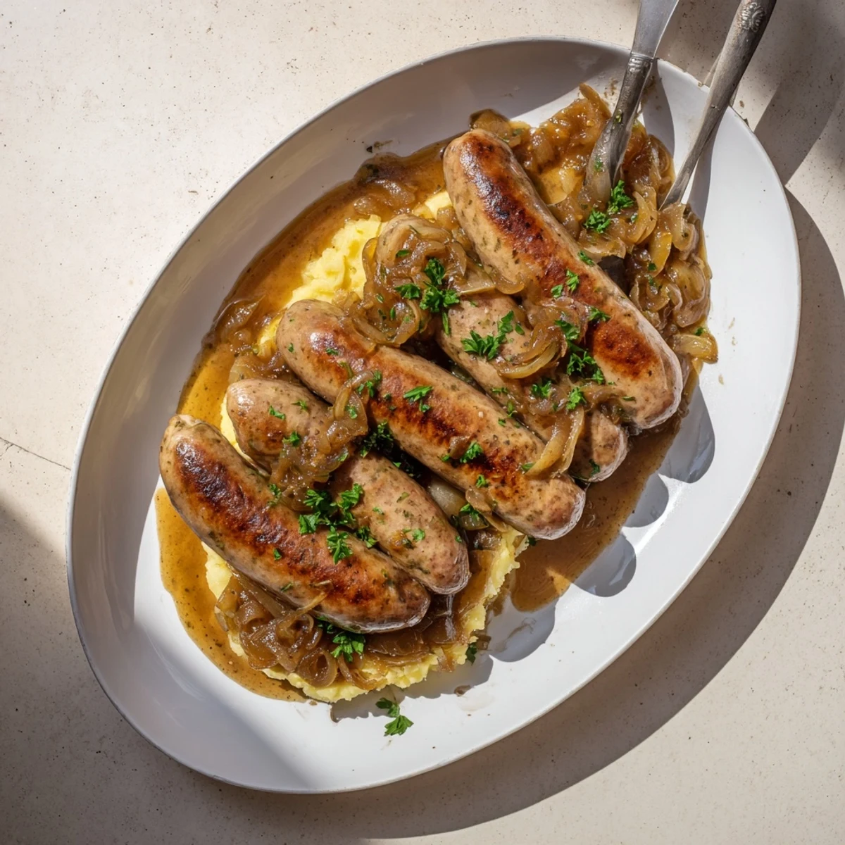 Classic British comfort food featuring juicy sausages nestled in a thick, flavorful brown onion sauce