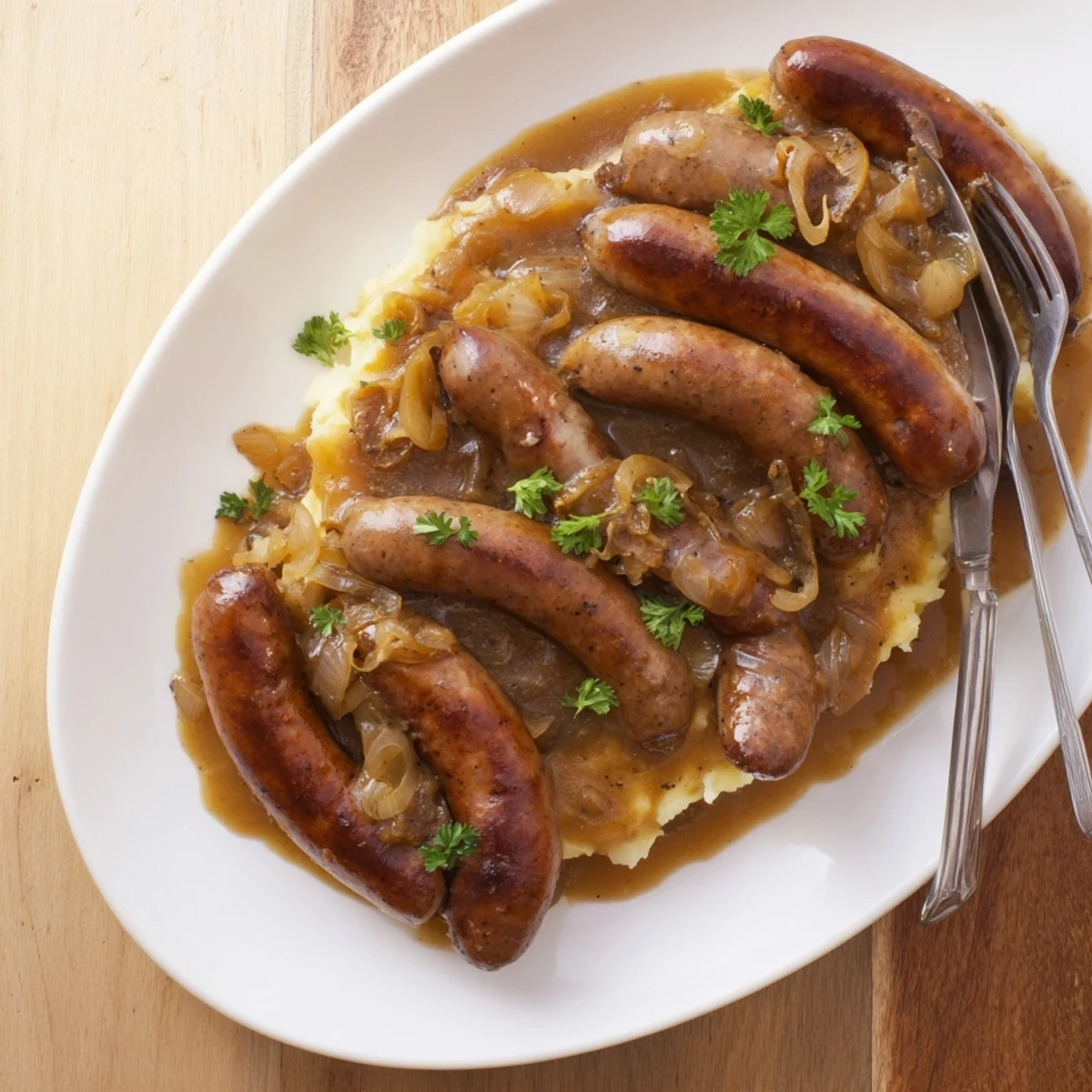 Golden brown sausages swimming in a rich, savory onion gravy with caramelized onion pieces