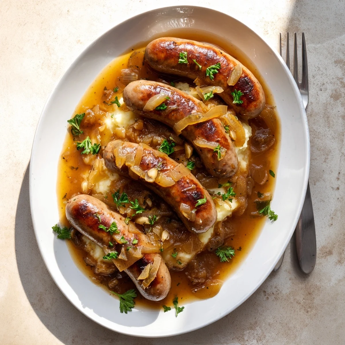 Hearty sausages in onion gravy served over creamy mashed potatoes with fresh parsley garnish