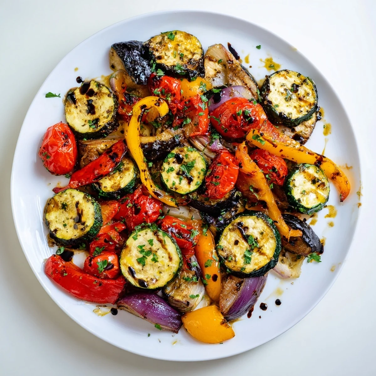 Colorful Italian roasted vegetables with zucchini bell peppers and eggplant caramelized to golden perfection