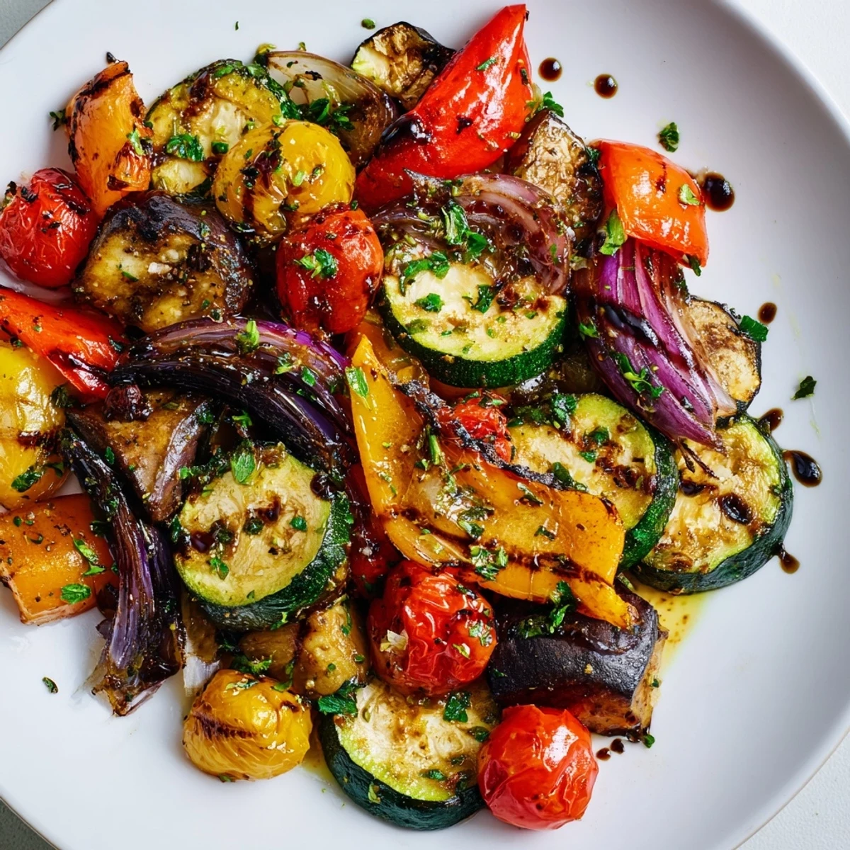 Golden tender Italian roasted vegetables featuring cherry tomatoes and peppers drizzled with balsamic glaze