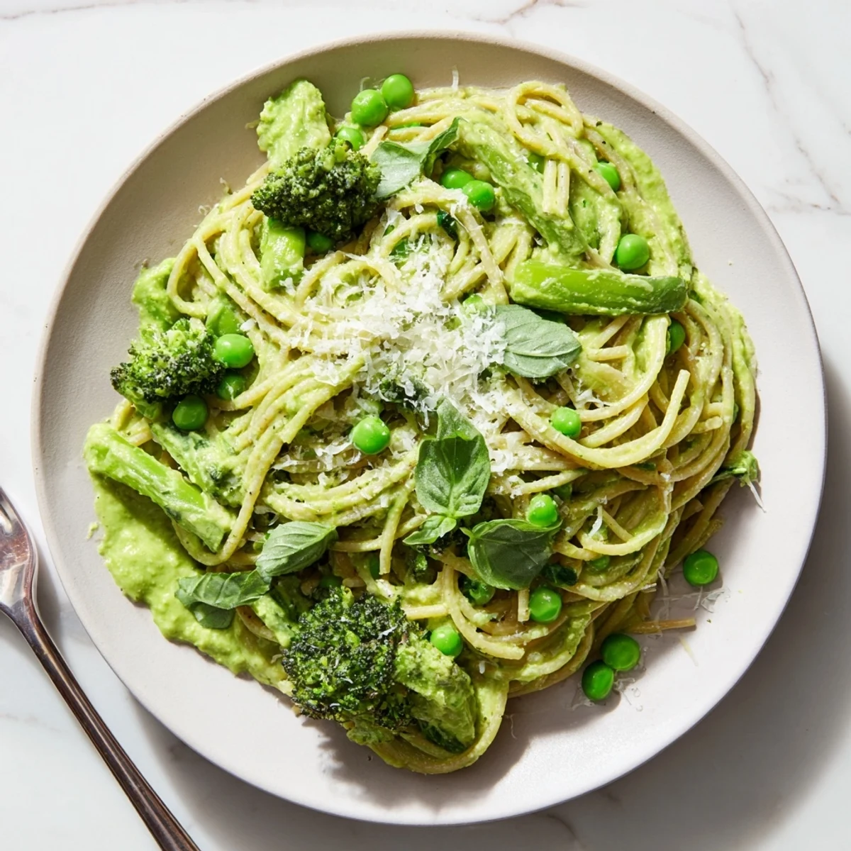 Creamy veggie smuggler avocado pasta tossed with vibrant green sauce and steamed broccoli