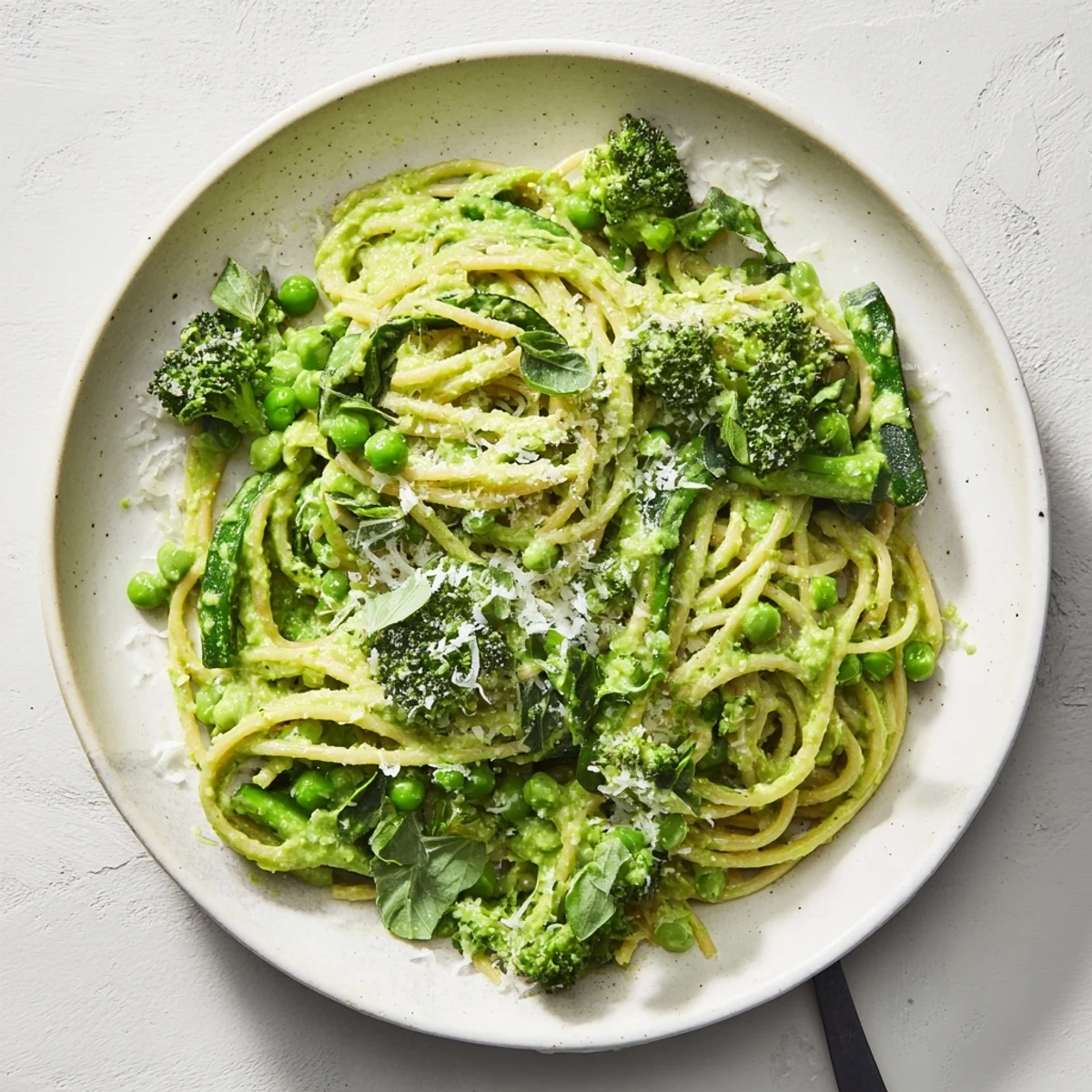 Bowl of veggie smuggler avocado pasta featuring silky avocado basil sauce with peas and broccoli garnish
