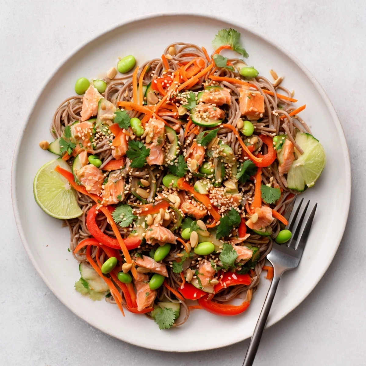 Golden glazed teriyaki salmon fillets resting atop a bed of chewy soba noodles with crisp colorful vegetables