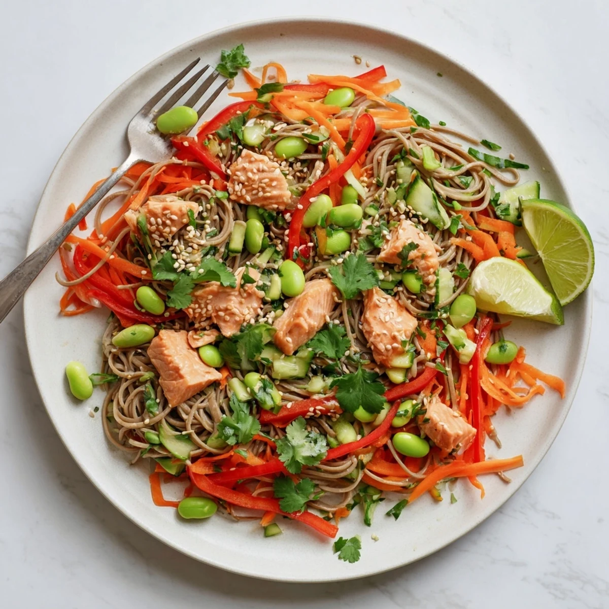 Vibrant bowl of teriyaki salmon soba noodle salad featuring flaky fish, edamame, and fresh cilantro garnish
