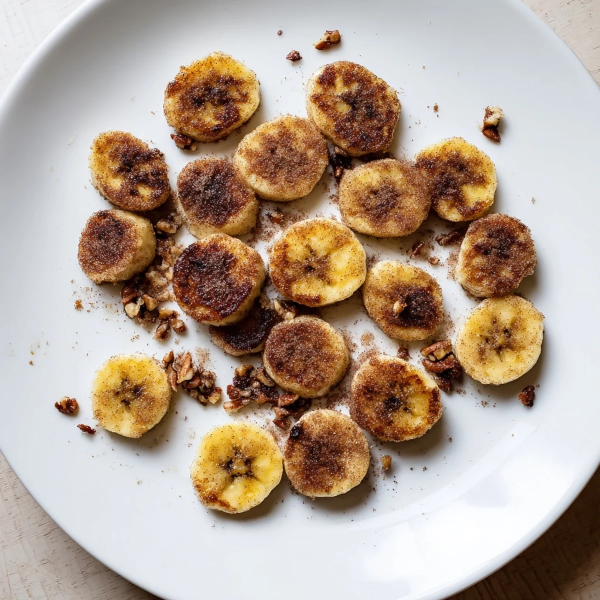 Golden caramelized pan fried cinnamon bananas arranged on a white plate with melted butter drizzled over the edges