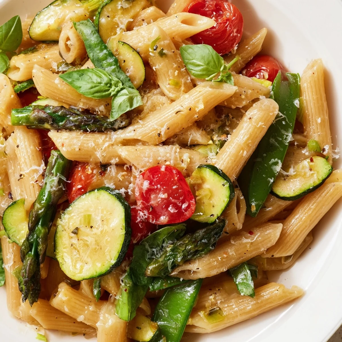 Golden one pot spring vegetable pasta with asparagus, tomatoes, and fresh basil in a bowl
