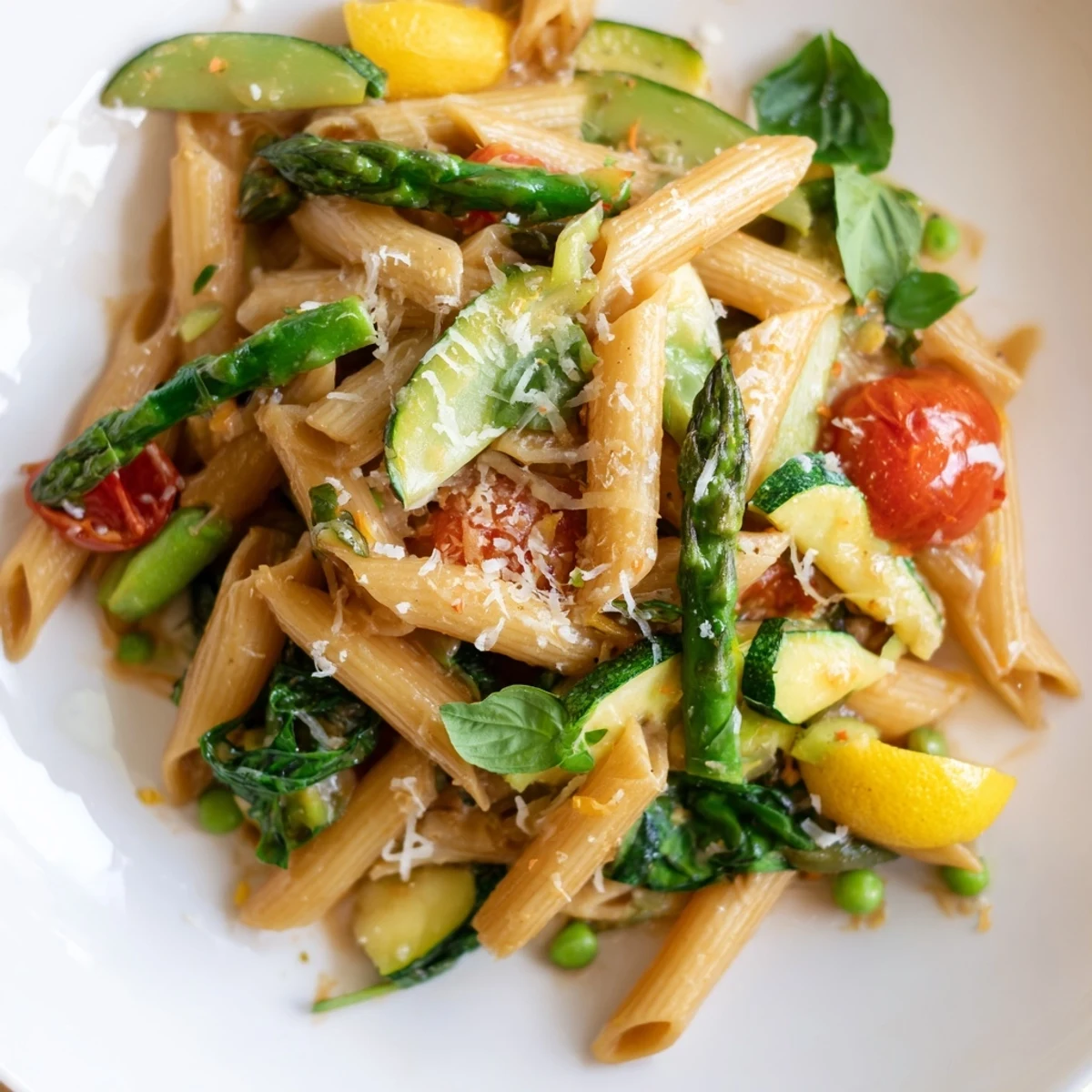 Creamy one pot spring vegetable pasta featuring colorful zucchini, snap peas, and grated Parmesan cheese